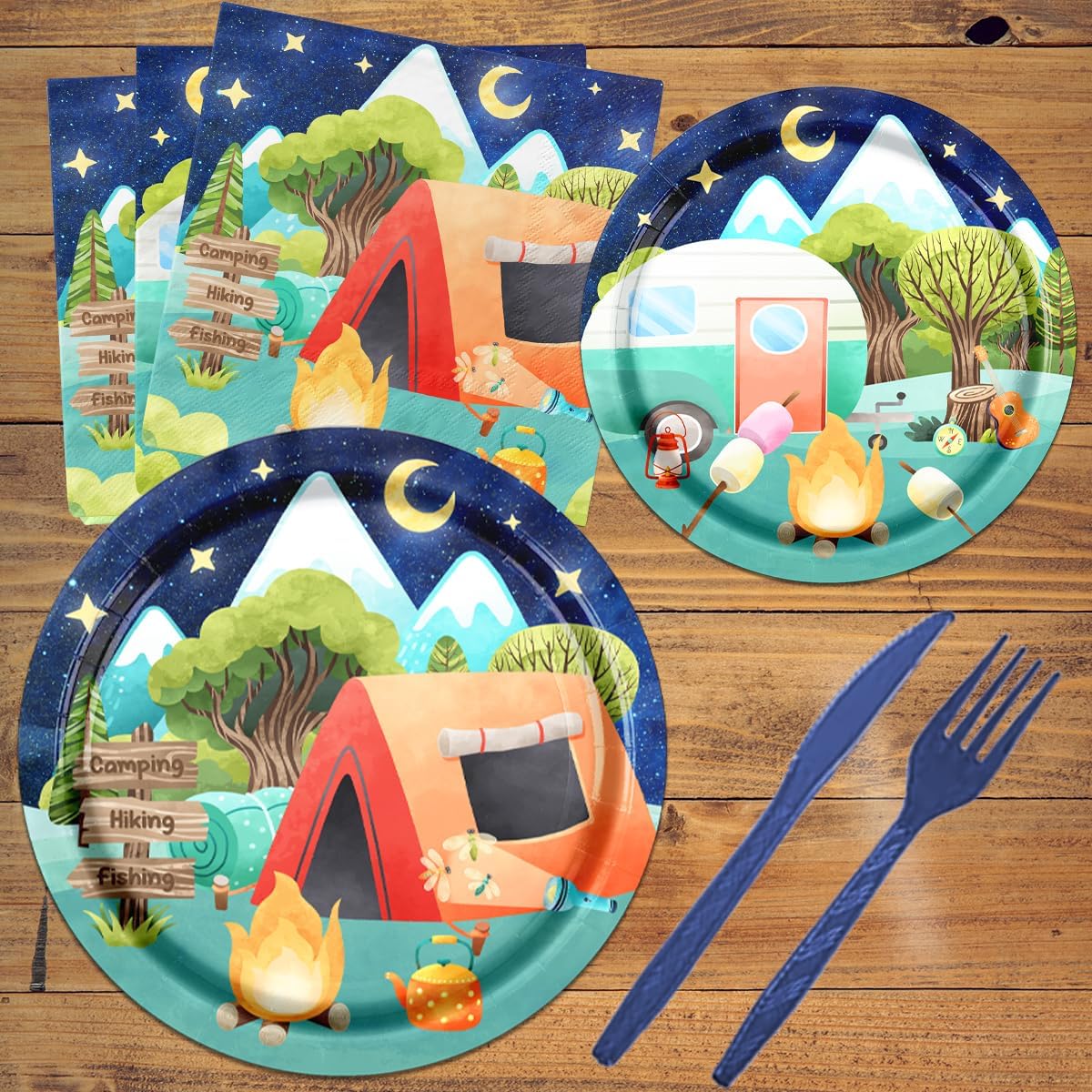 Decoración de fiesta de cumpleaños para campamento, vajilla de campamento feliz, platos desechables para campamento feliz, servilletas, vasos,