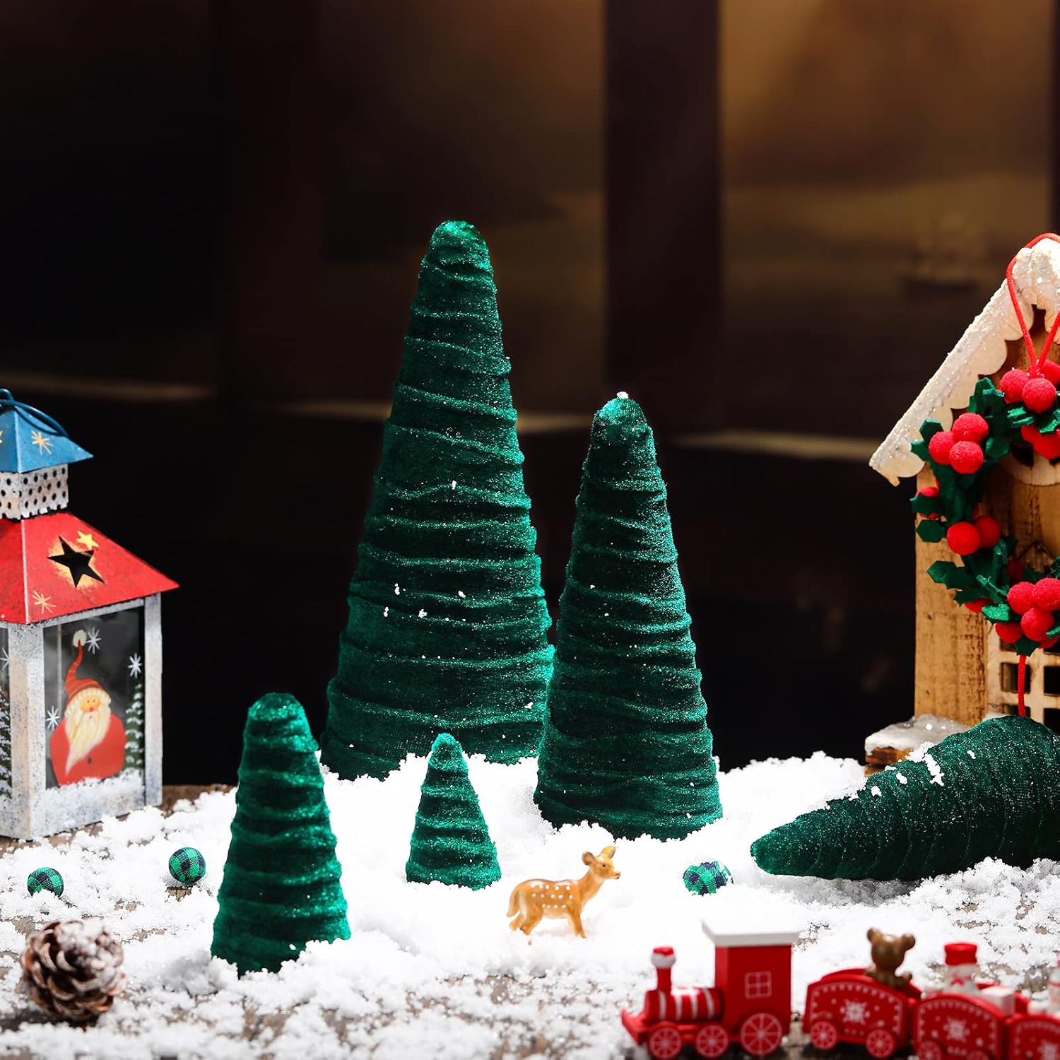 Juego de 5 tamaños de árboles de terciopelo de Navidad, decoración moderna para árbol de invierno, hecha a mano, mesa de invierno, centro de mesa,