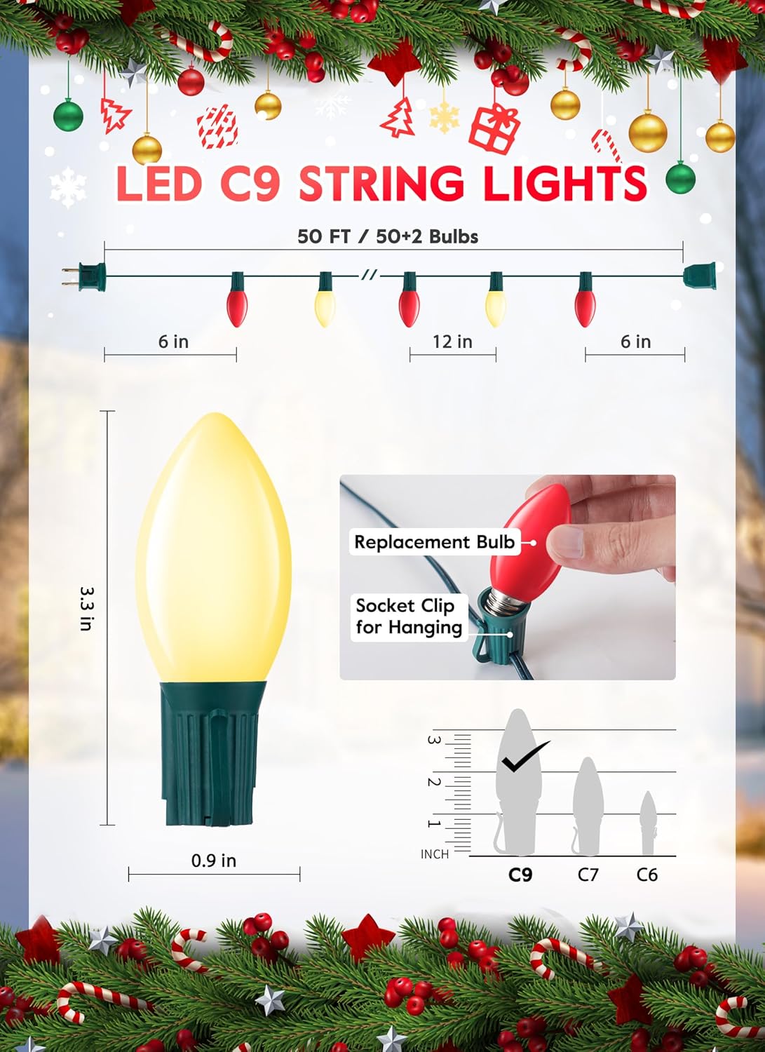Luces LED vintage C9 de Navidad para exteriores, 50 pies de cadena de luces C9 con 50 bombillas mate inastillables, luces impermeables conectables