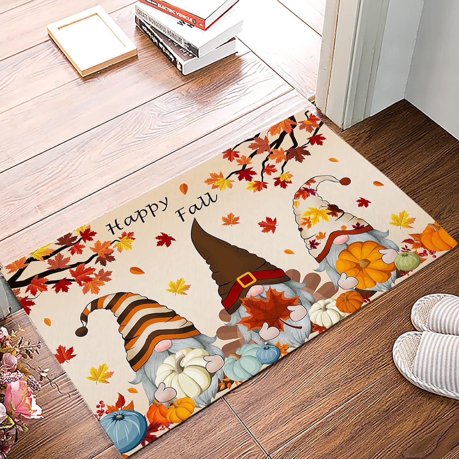 Happy Fall Indoor Bath Mat, Anti-Slip Machine Washable Entry Rug Easy Clean Welcome Mat Floor Mat for Inside Home Decoration Gnomes with Pumpkins