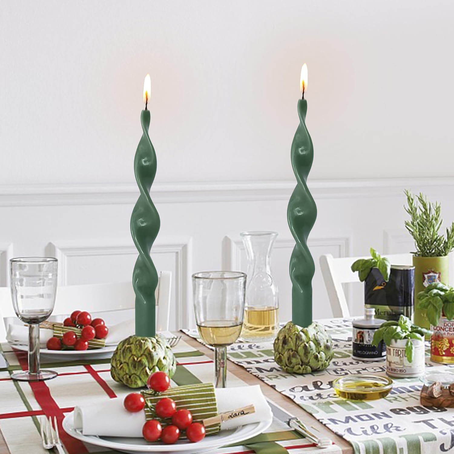 Vela cónica en espiral, color verde, velas largas trenzadas, velas de cera sin perfume para cena, decoración del hogar, bodas, festividades