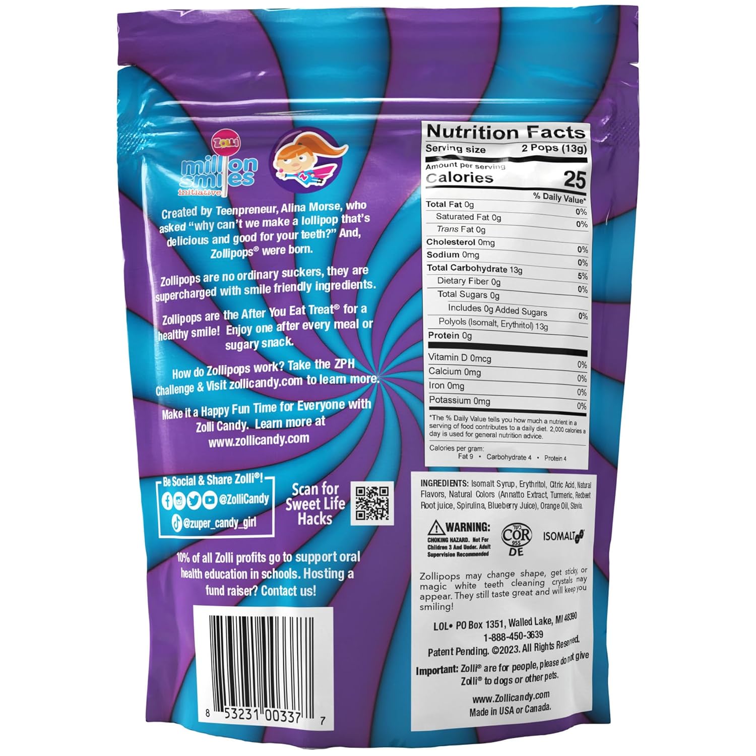Zollipops Blue Raspberry-Grape Duo Pops – Sin azúcar, sin alergias, vegano, apto para dieta cetogénica y diabética, caramelo de dientes limpios,