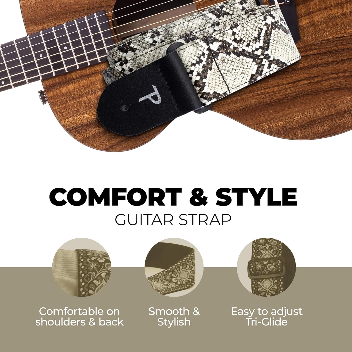 Perris Correa de cuero para guitarra  Piel de serpiente sintética  Correa de guitarra eléctricaacústica  bajo  Correa con patrón jacquard ajustable