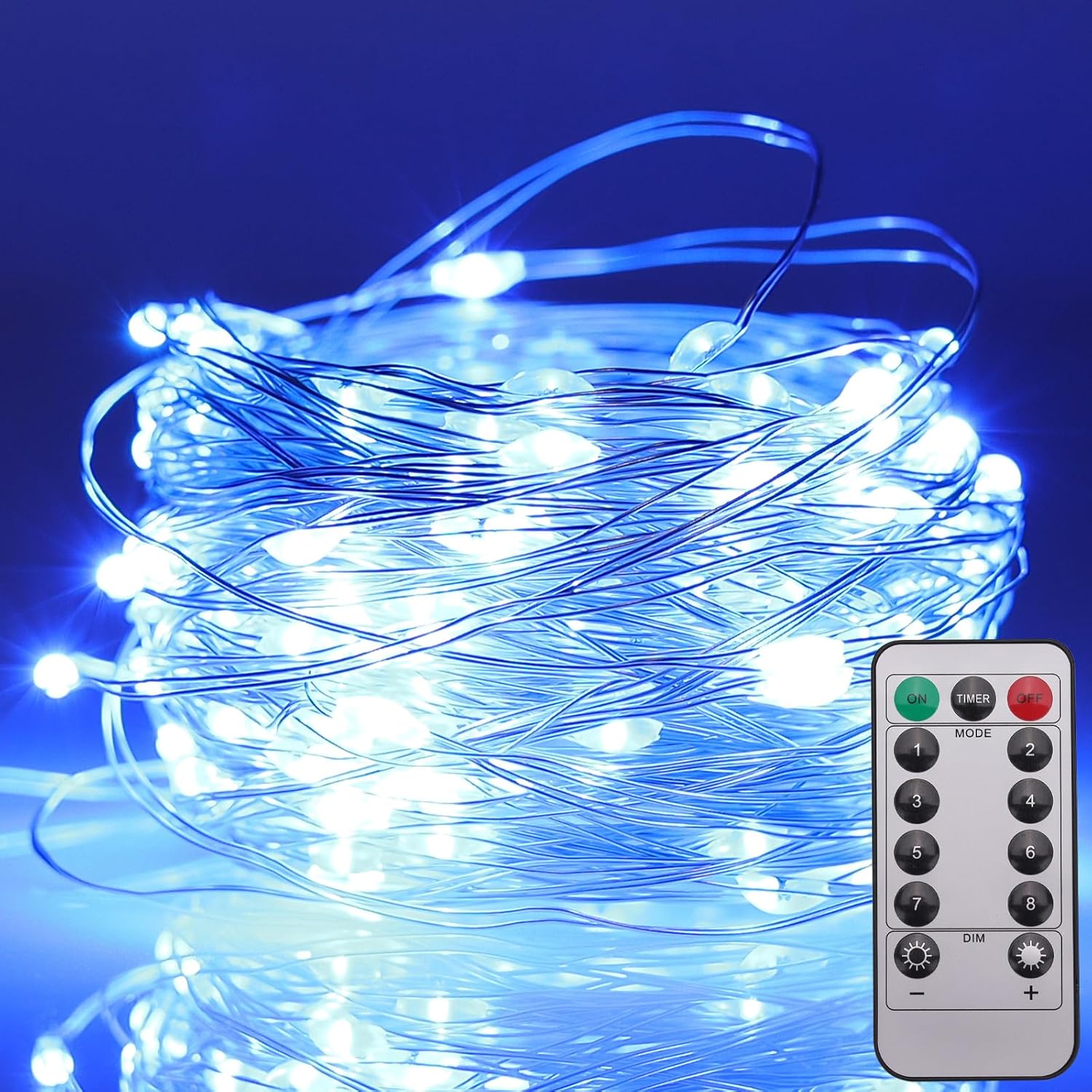 Clmentp Guirnalda de luces LED azules, 33 pies, 100 luces LED alimentadas por USB, con control remoto, 8 modos para decoración interior y exterior