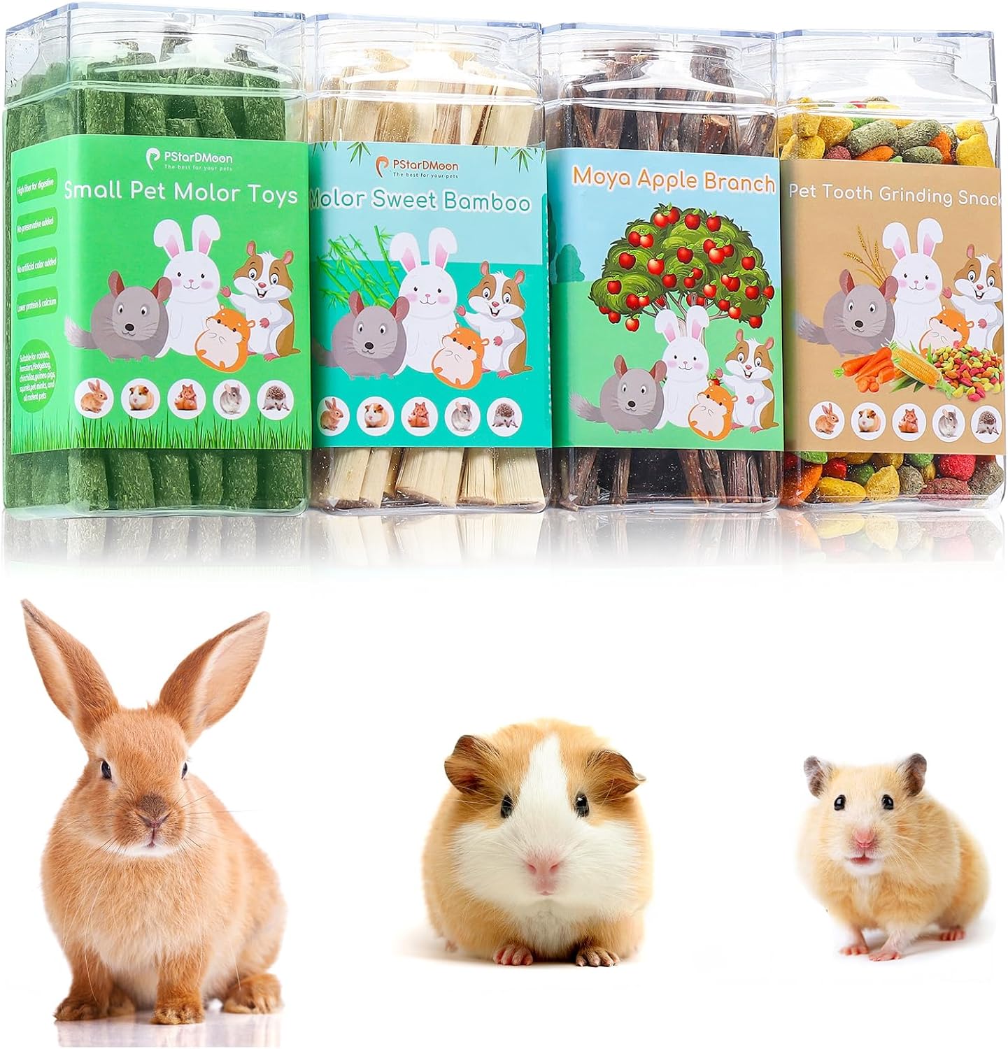 PStarDMoon Juguetes masticables de conejo, palitos de madera de manzana, palitos de heno Timothy, bambú dulce, aperitivos para conejos, promueven la