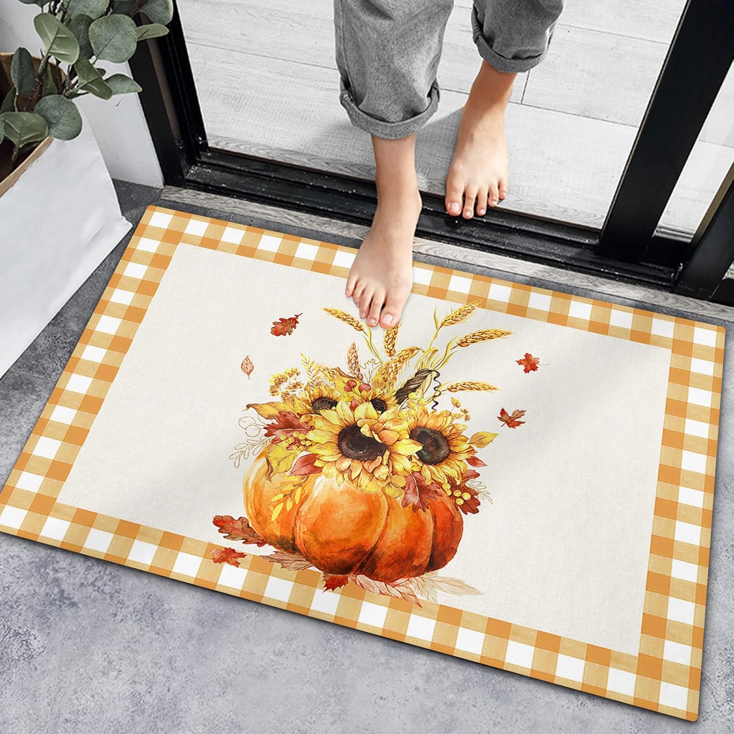 Bath Mat Non-Slip Indoor Doormats, Bath Rugs Autumn Sunflower Pumpkin Wheat,Low-Profile Mats Kitchen Carpets for Bedroom Entrance Decor Maple Leaves