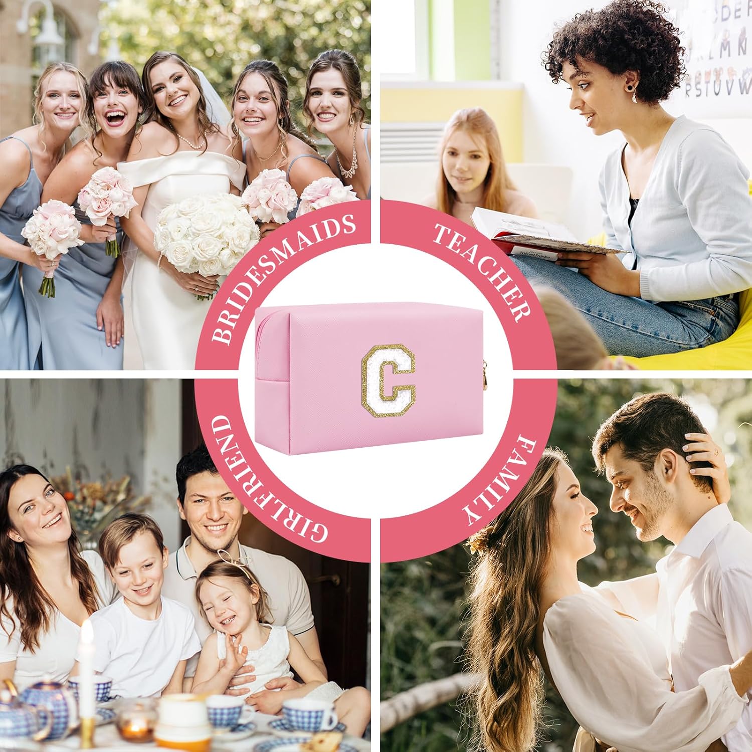 Bolsa de maquillaje personalizada con parche de letra inicial, bolsa de cosméticos con cremallera, RosaBlanco-Letra