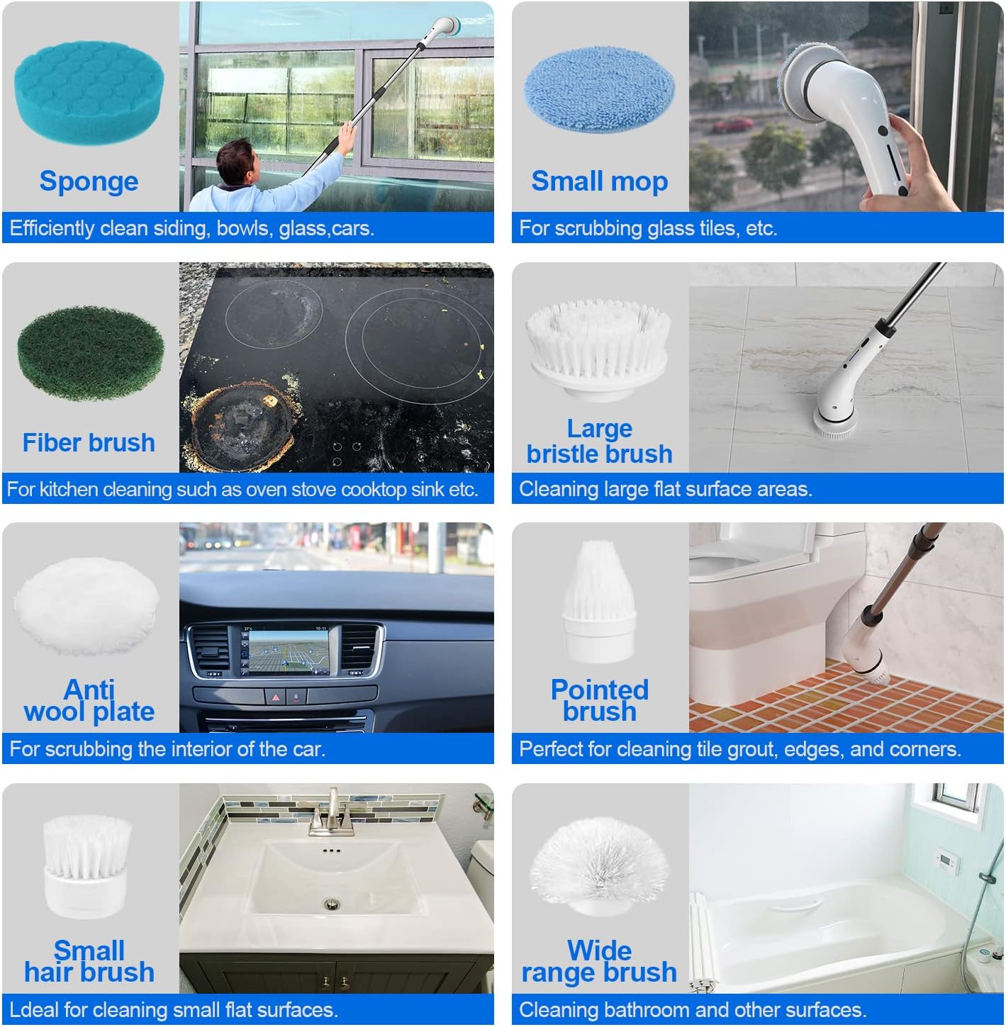 SZFIXEZ SXT-160 – Cepillo eléctrico de limpieza de ducha, 2 velocidades ajustables, inalámbrico, con 8 cabezales de cepillo reemplazables para