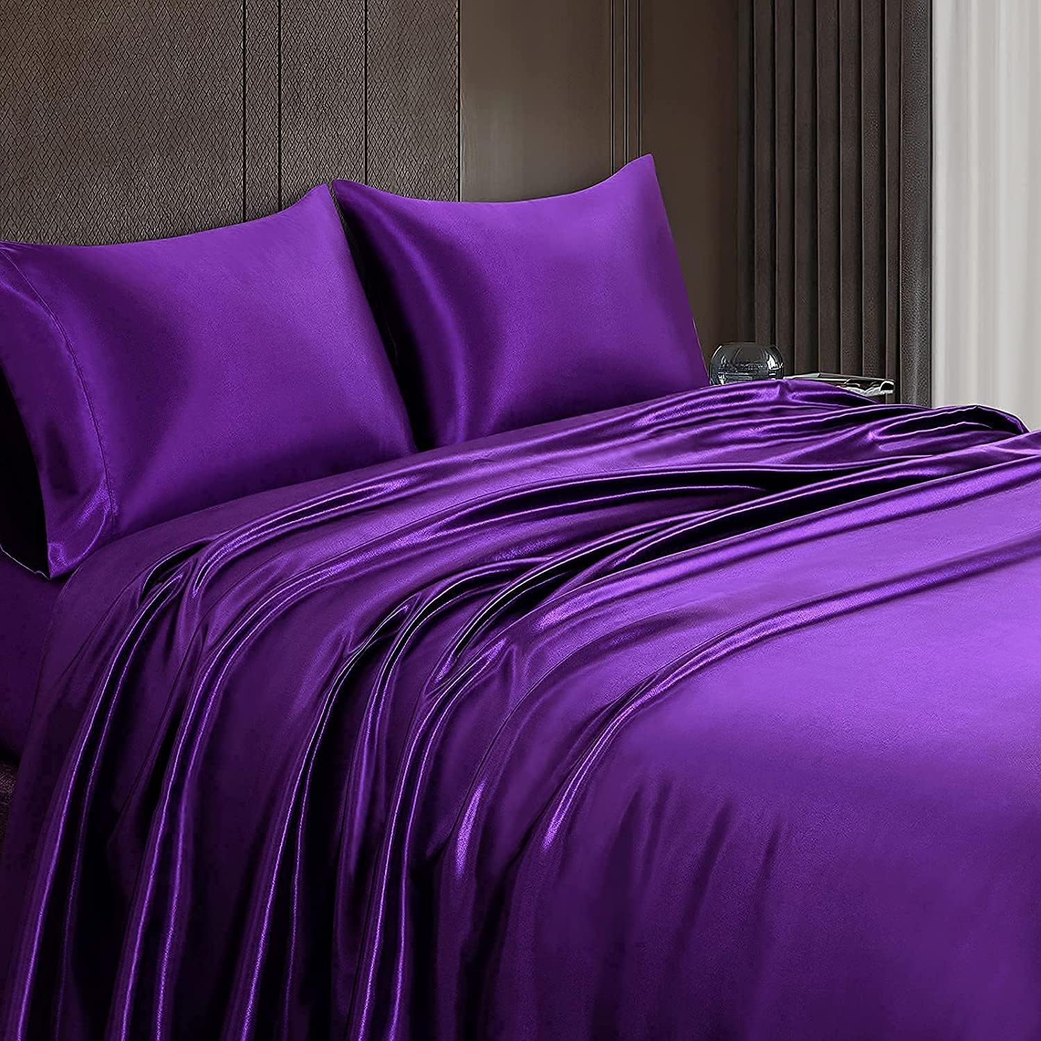 Homiest Sábana encimera de satén morado, sábana encimera individual, sábana superior de tamaño individual, sábana encimera sedosa para colchón