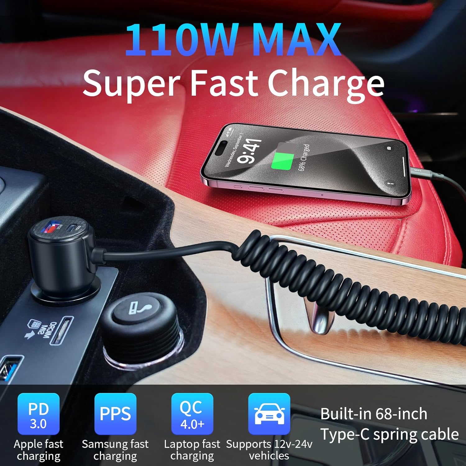 Cargador de coche retráctil 3 en 1 de 110 W con cable tipo C, cuerpo compacto, adaptador de carga rápida USB C para iPhone 15 Pro MaxPlus1413, iPad,