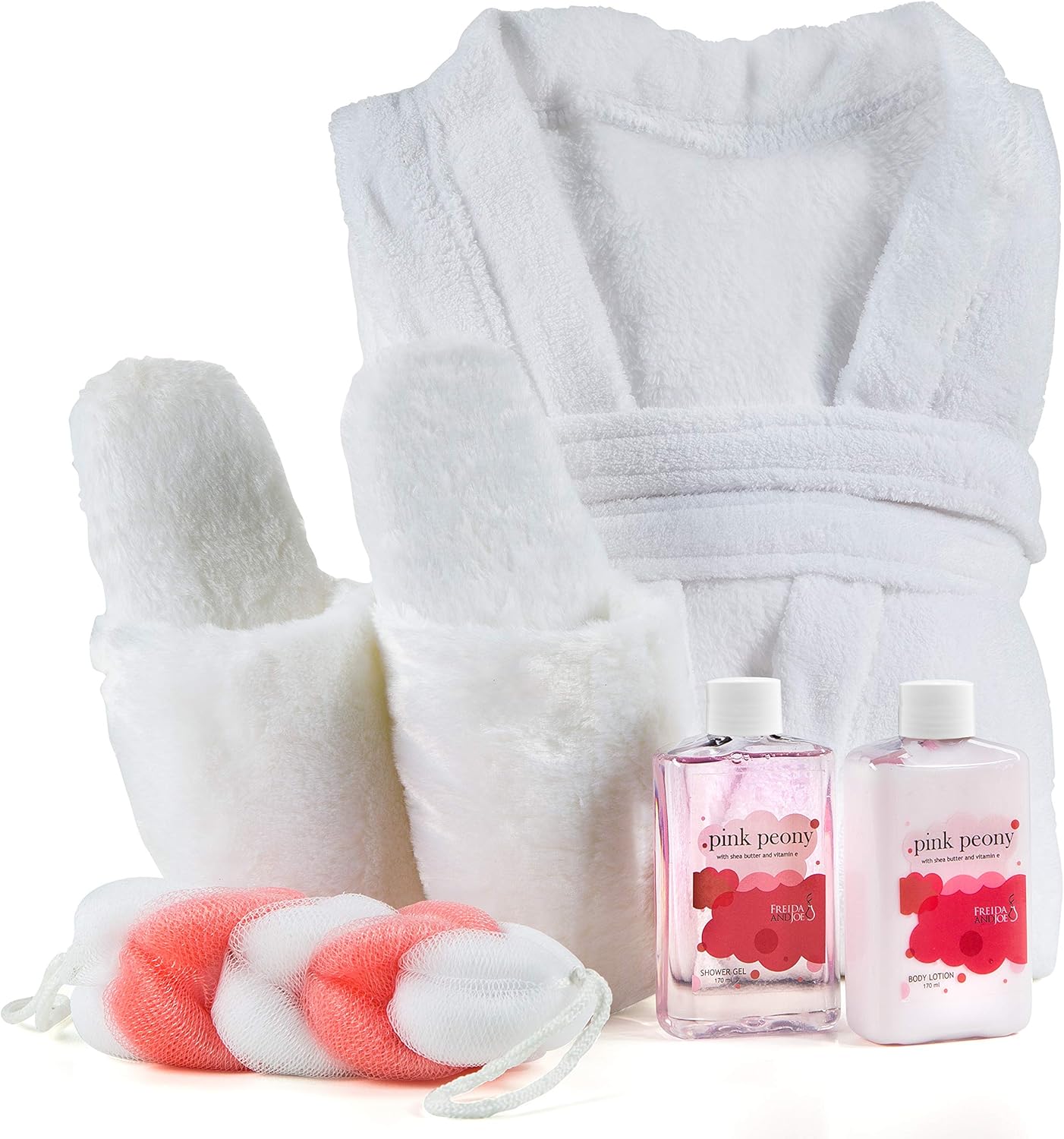 Cesta de regalo de spa en casa de lujo con aroma a peonía rosa, bata de baño ultrasuave y zapatilla de felpa para mujer, juego completo de baño y