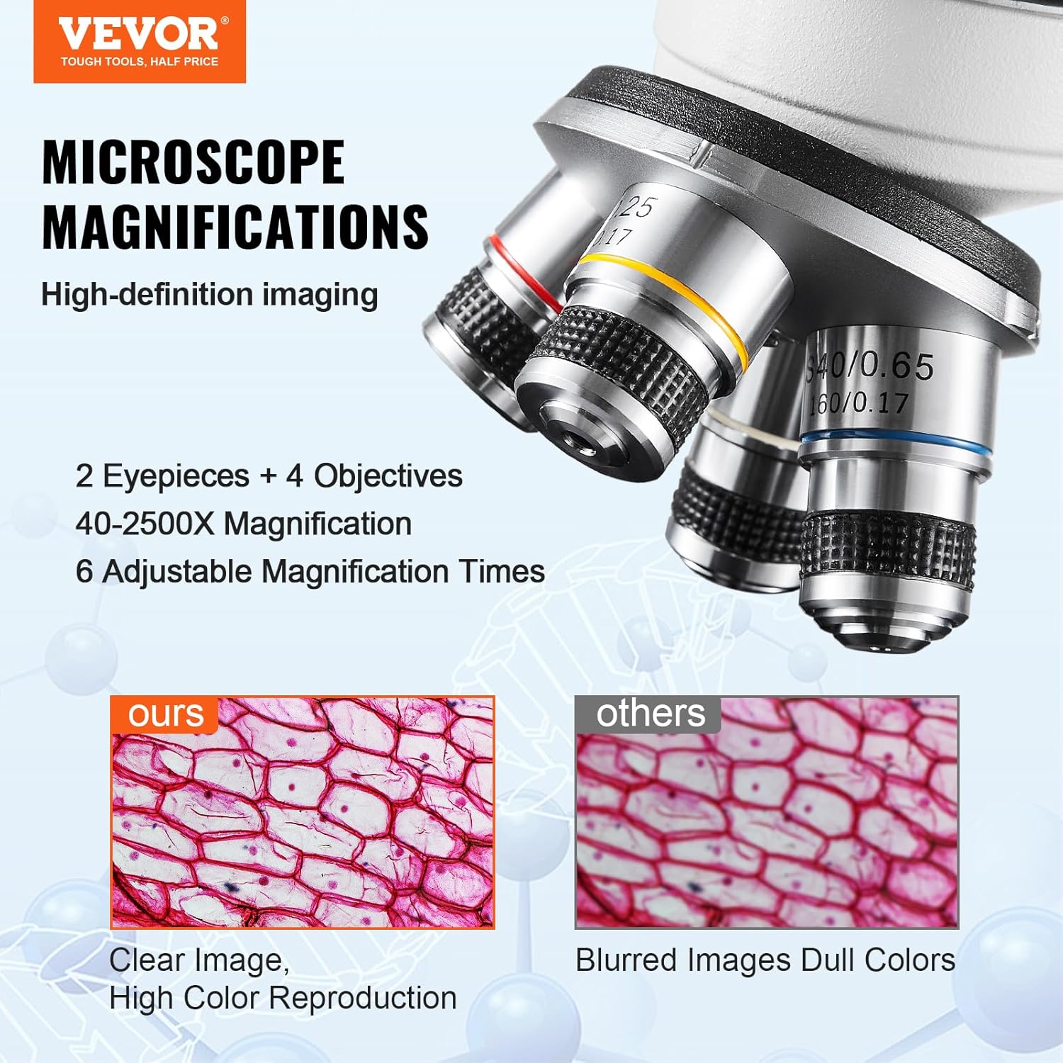 VEVOR Microscopio compuesto binocular, aumento 40X-2500X, microscopio binocular para adultos con iluminación LED, incluye soporte para teléfono y