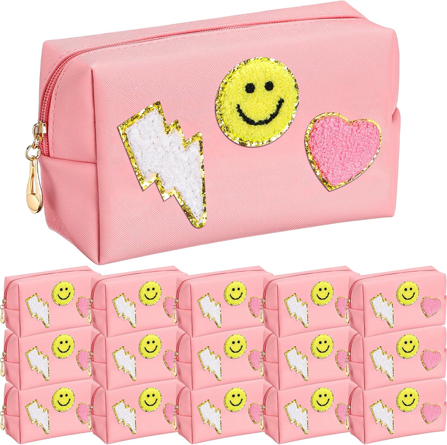 Silkfly 15 piezas de parche Preppy bolsa de maquillaje de letras de chenilla bolsa de cosméticos bolsa de aseo sonrisa rayo corazón PU pequeño