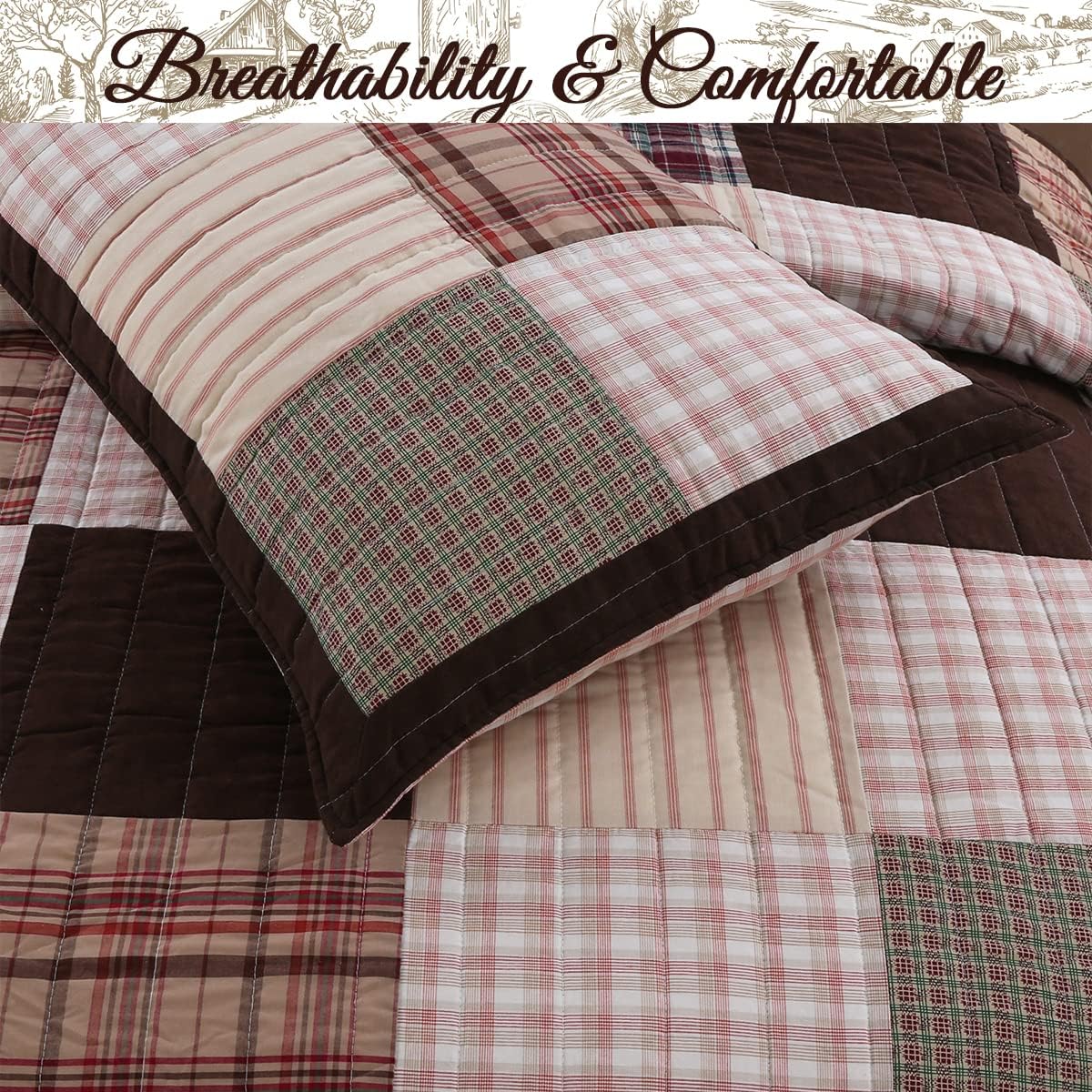 Cozy Line Home Fashions Brody Farmhouse – Juego de ropa de cama reversible con diseño de retazos reales a rayas de chocolate (cuadros marrones,