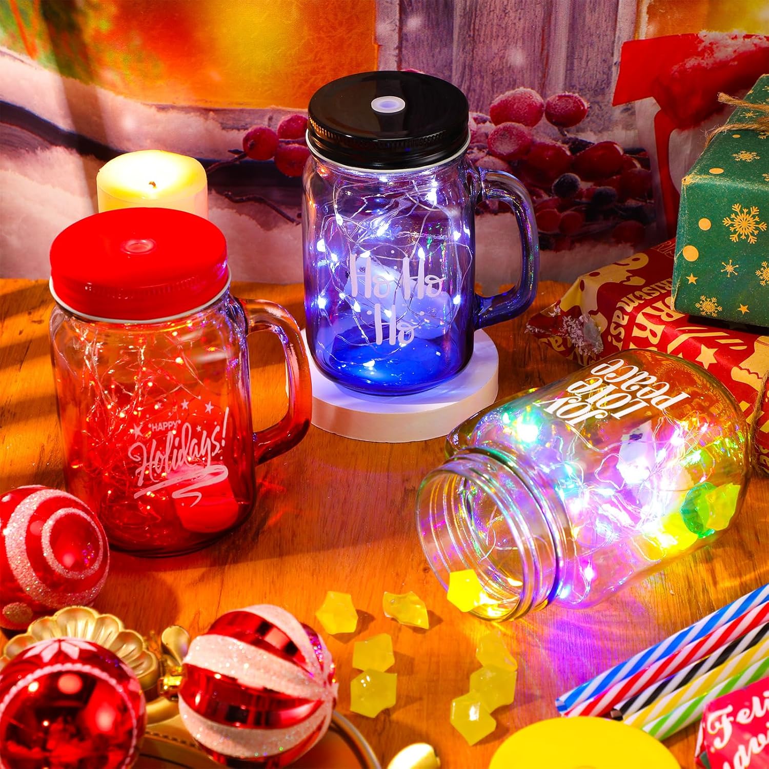 Vaso de Navidad con asa, taza de batido de 16 onzas con tapa y pajita, reutilizable, regalo de Navidad, vaso de boca grande decorativa para el