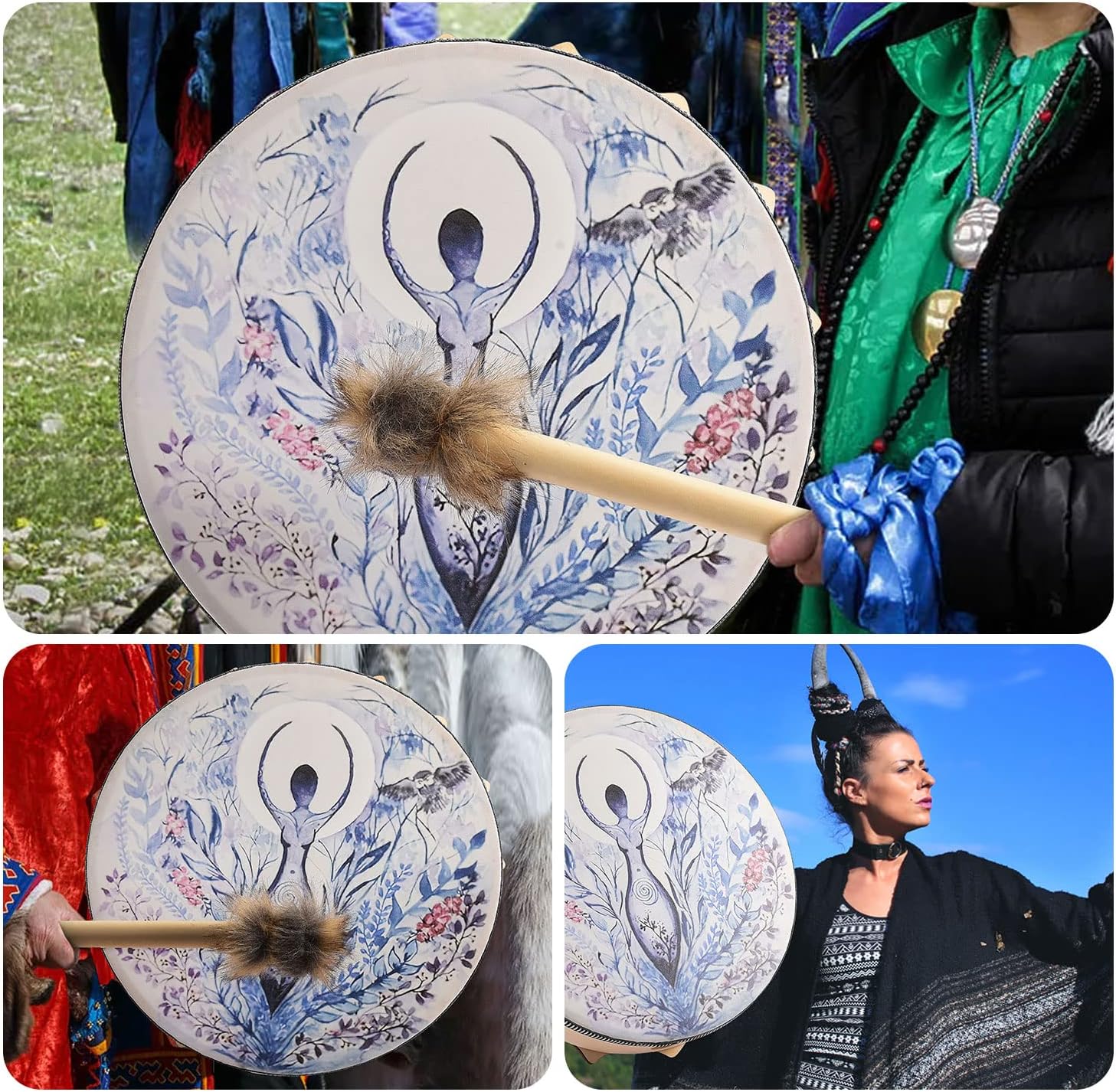Paquete de 2 tambores de chamán, tambor de chamán madre de la vida, tambor siberiano, música espiritual, tambor de chamán hecho a mano con bastón,