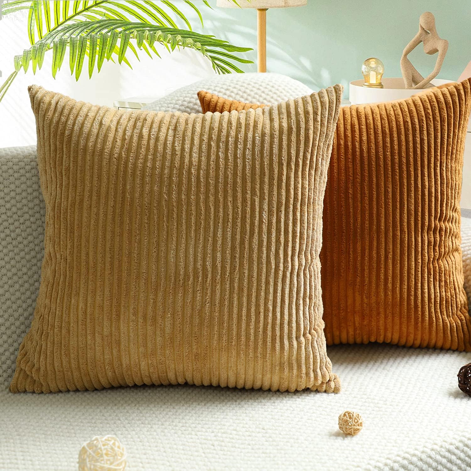 MEKAJUS Juego de 4 fundas de almohada decorativas de pana a rayas suaves, fundas de cojín cuadradas sólidas para decoración del hogar, sala de