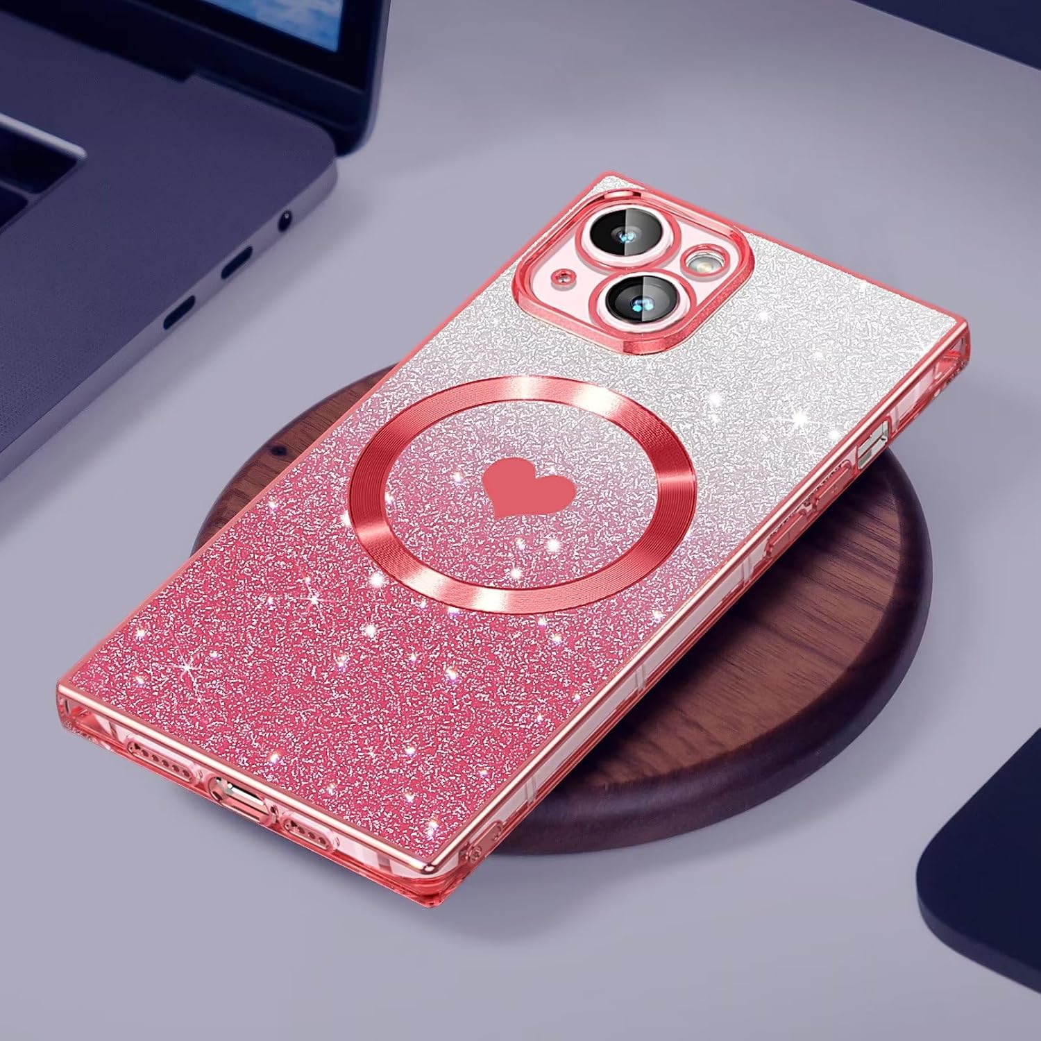 Funda magnética cuadrada para iPhone 15 Plus compatible con MagSafe protección completa de la lente, patrón de corazón lindo y cubierta brillante