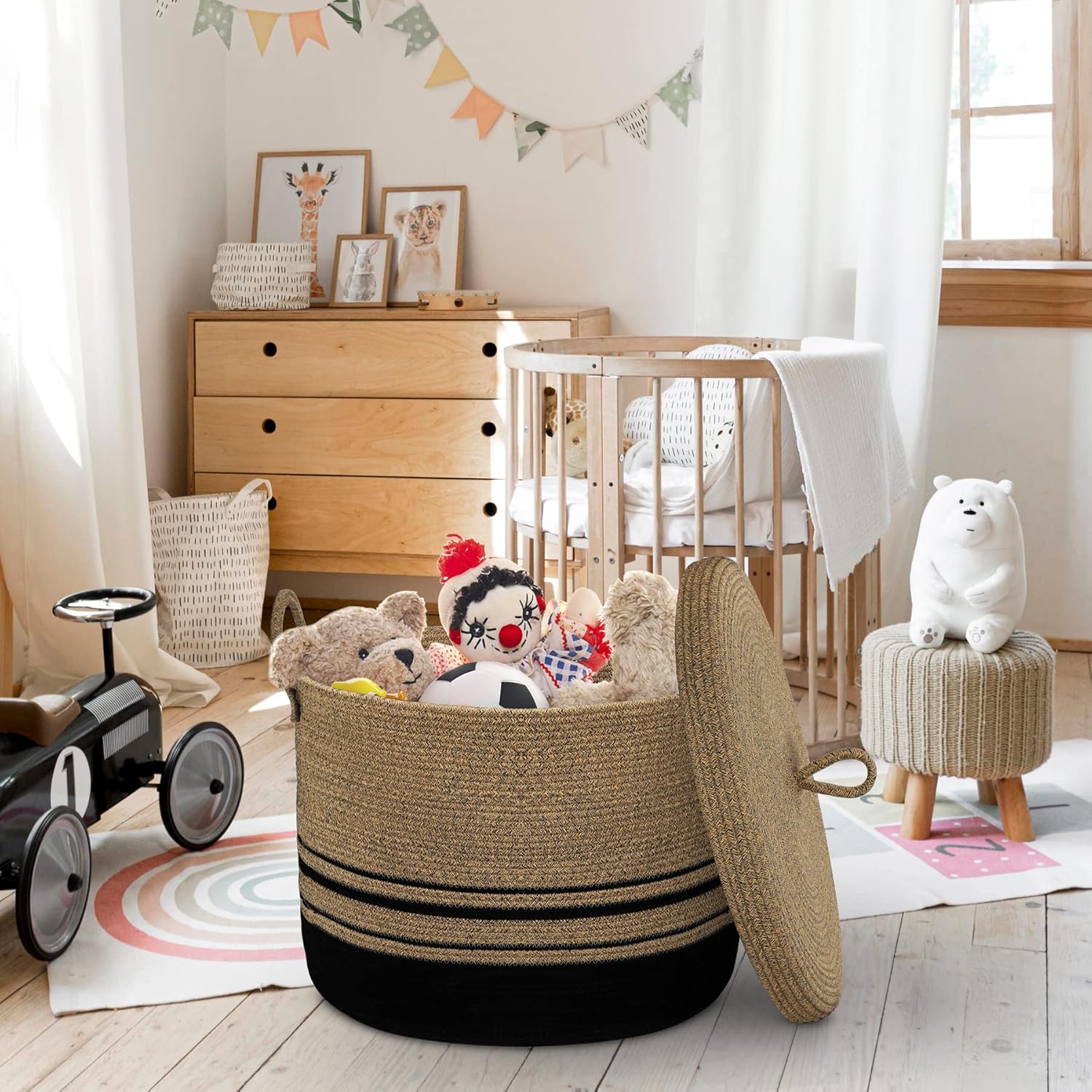 Cesta de cuerda grande de 20.5 x 14.5 pulgadas con tapa, cesta de almacenamiento tejida para ropa sucia para bebé, canasta decorativa de juguetes