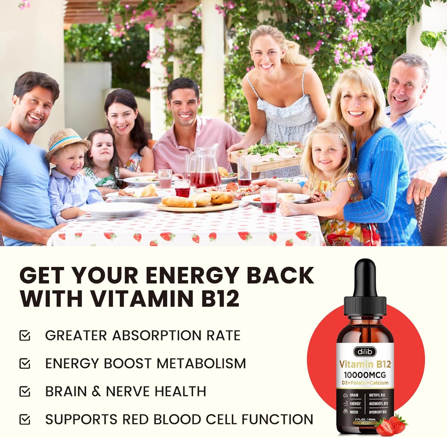 Complejo de vitamina B12 de 10000 mcg  Suplemento sublingual de triple líquido vegano B-12 gotas  Mezcla de metilcobalamina y adenosilcobalamina e