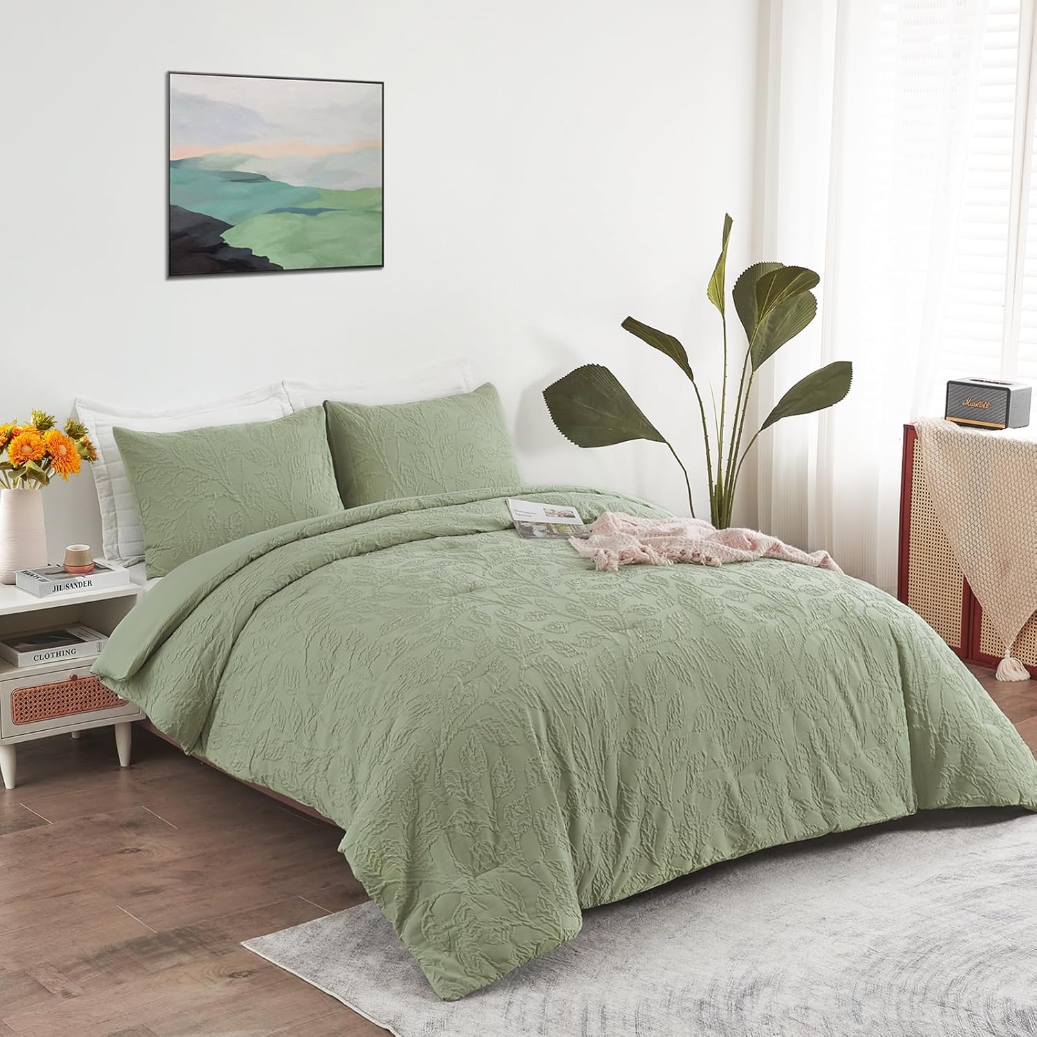 ENCOFT Edredón tamaño King, edredón verde con patrón de hojas en relieve de 3 piezas, con funda de almohada, para todas las estaciones, edredón de
