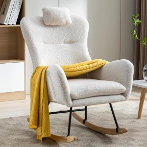 35.5 inch Rocking Chair with Pocket, Soft Teddy Fabric Rocking Nursery Chair, Comfy Wingback Glider Rocker with Safe Solid Wood Base for Living Room 35.5 inch Rocking Chair with Pocket, Soft Teddy Fabric Rocking Nursery Chair, Comfy Wingback Glider Rocker with Safe Solid Wood Base for Living Room