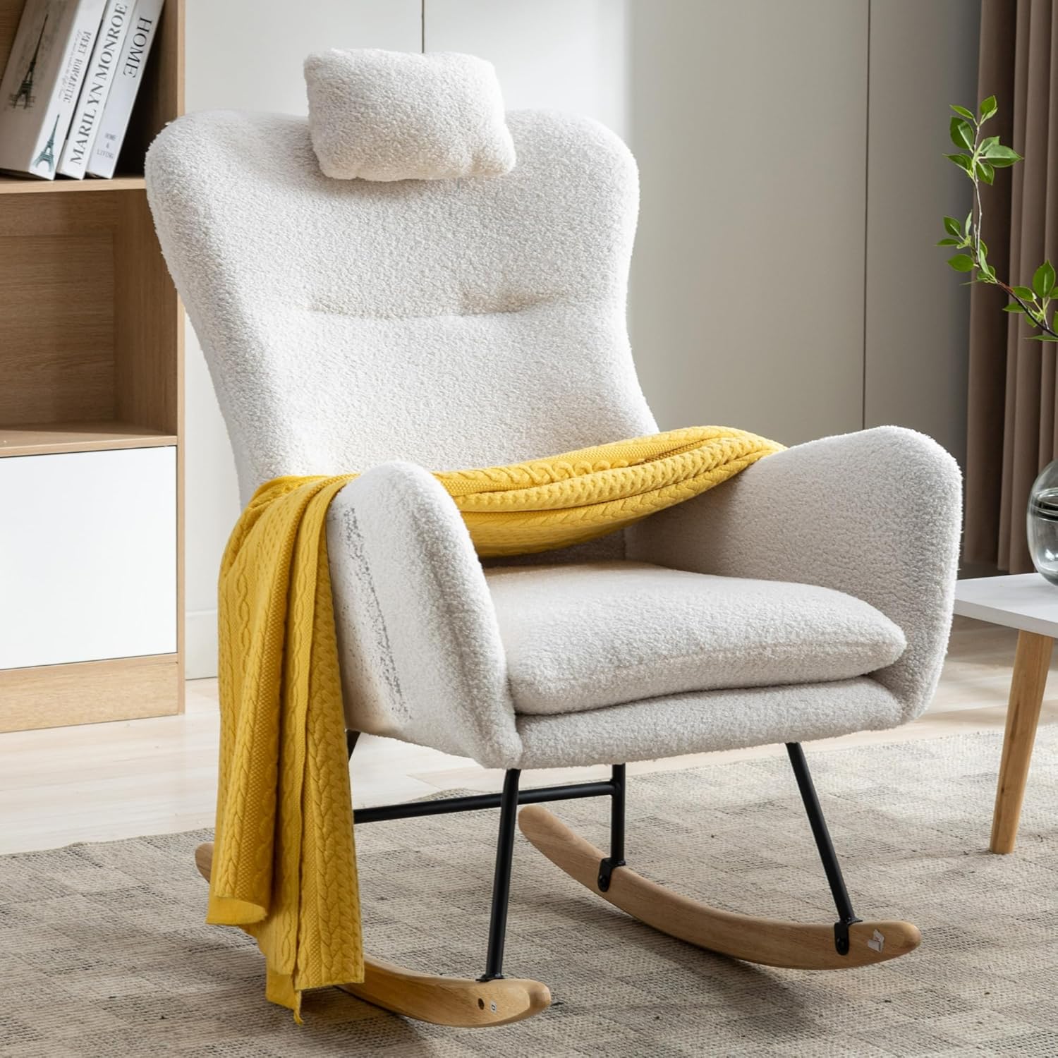 35.5 inch Rocking Chair with Pocket, Soft Teddy Fabric Rocking Nursery Chair, Comfy Wingback Glider Rocker with Safe Solid Wood Base for Living Room