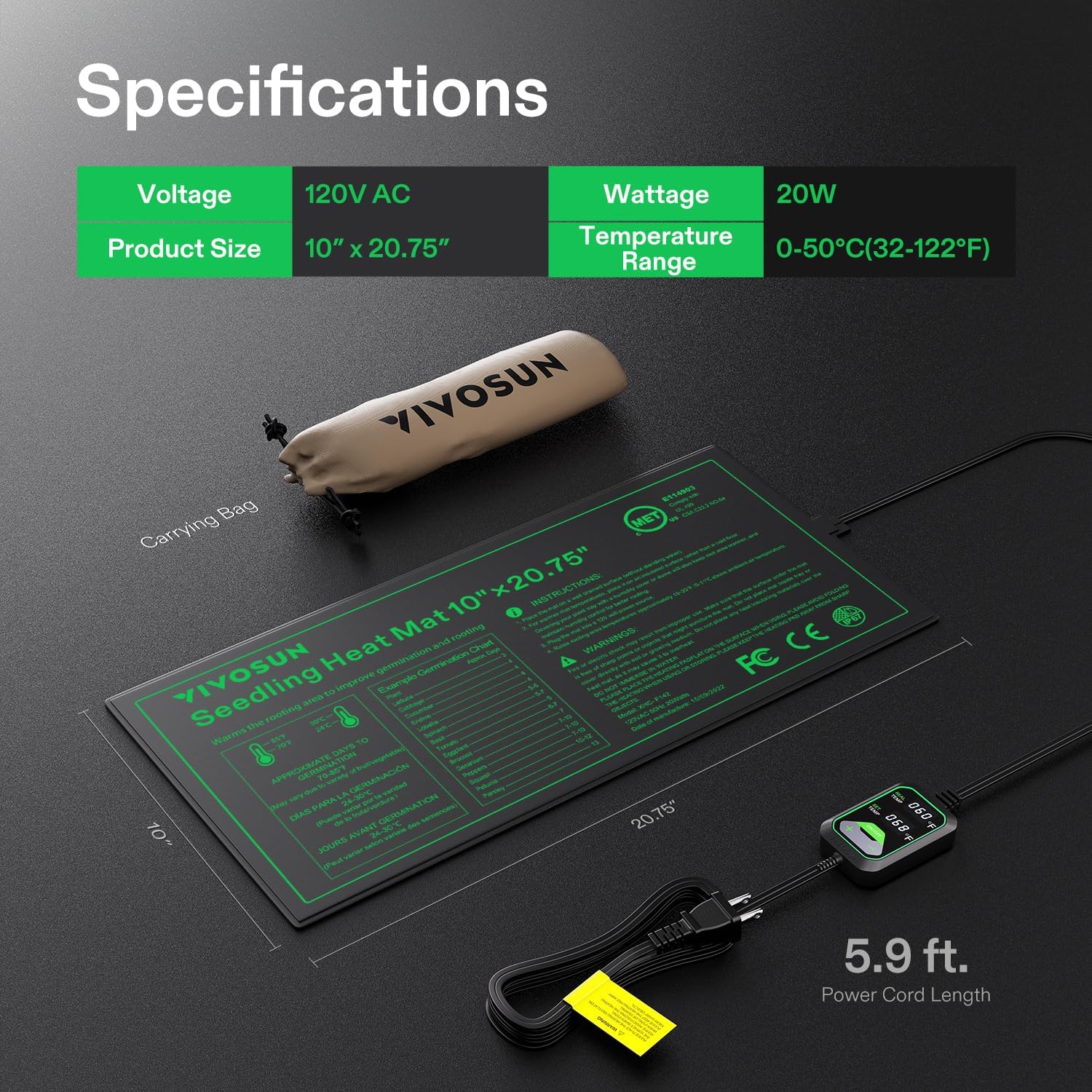 VIVOSUN Tapete térmico de plántulas de 10 x 20.75 pulgadas con controlador de temperatura integrado, almohadilla térmica impermeable con