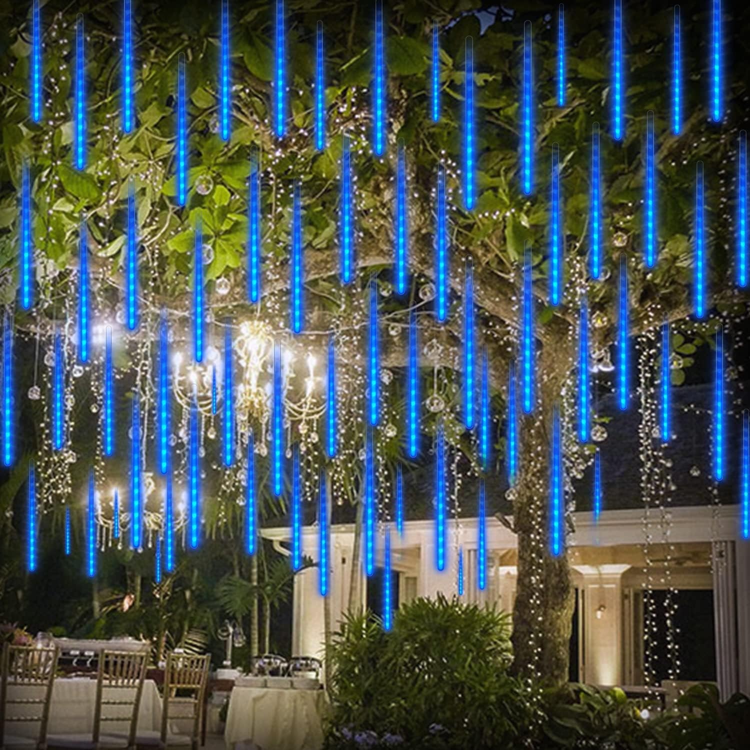 Tira de luces LED de lluvia de meteoritos para Navidad, 192 luces LED de 11.8 pulgadas, 8 tubos, impermeable, carámbano, nieve, caída, guirnalda de