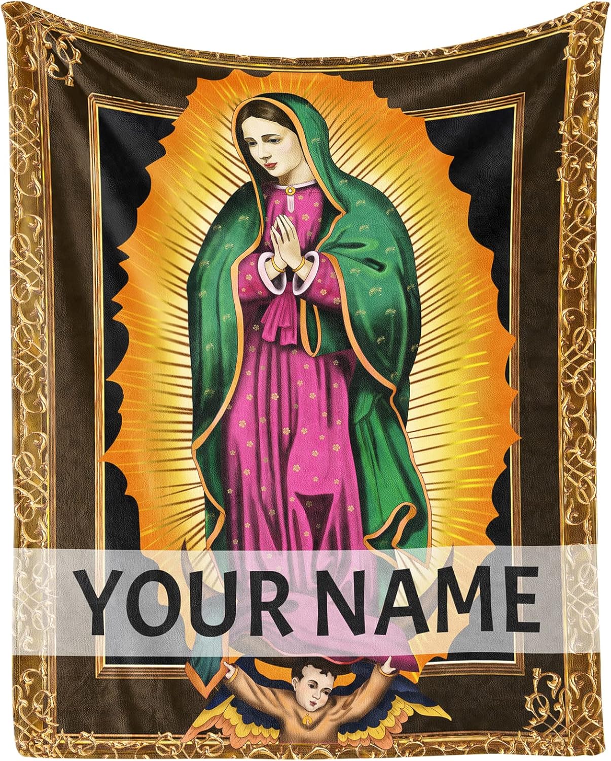 Manta católica personalizada para regalo con texto de nombre, manta de 50 x 60 pulgadas, manta de Virgen de Guadalupe ligera, suave, acogedora,