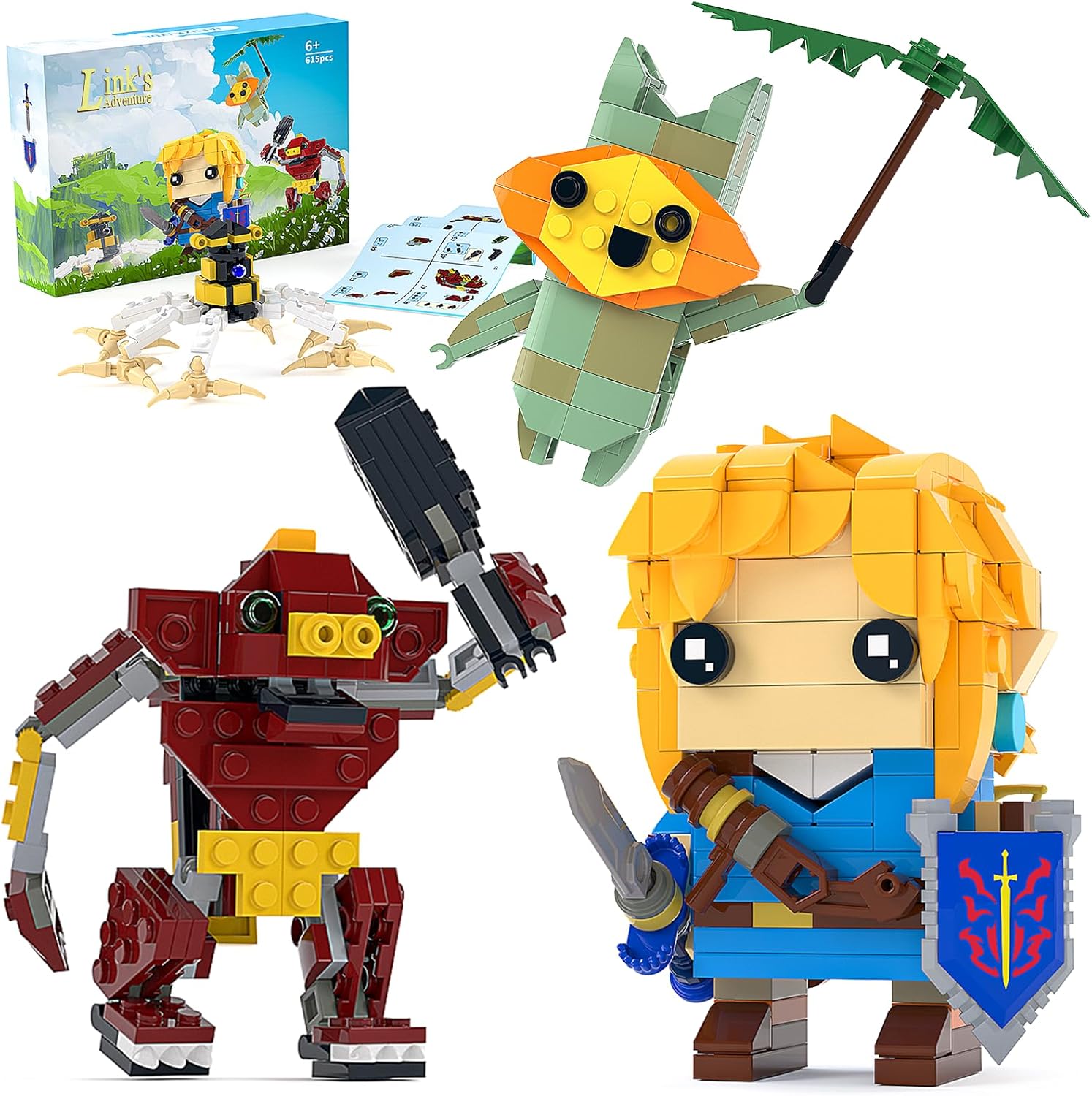 Juego de construcción de enlaces, juguetes de construcción de figuras de acción del juego, contiene con Link, Korok Yahaha, Guardian y Bokoblin,