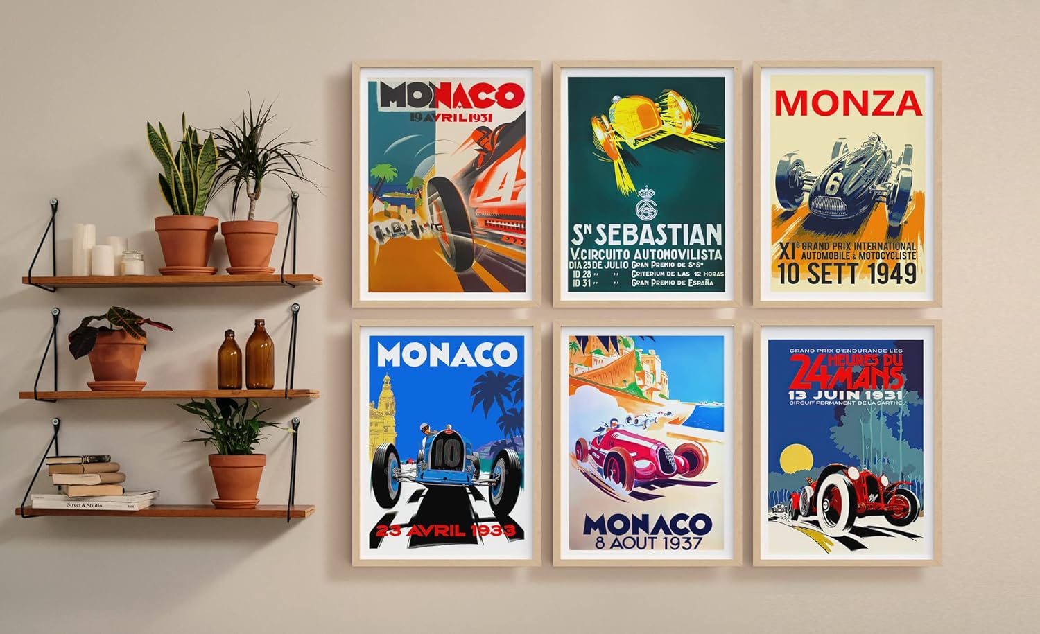 Póster vintage de coche  juego de 6 carteles vintage de carreras de autos – Decoración de pared de coche para hombres – Arte de pared de auto