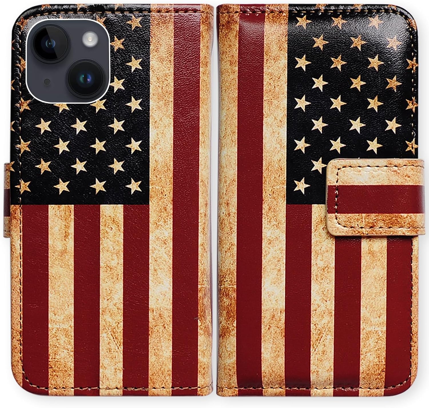Bcov Funda para iPhone 15 Plus, diseño retro de la bandera estadounidense con tapa para teléfono, con ranura para tarjetas, soporte para iPhone 15