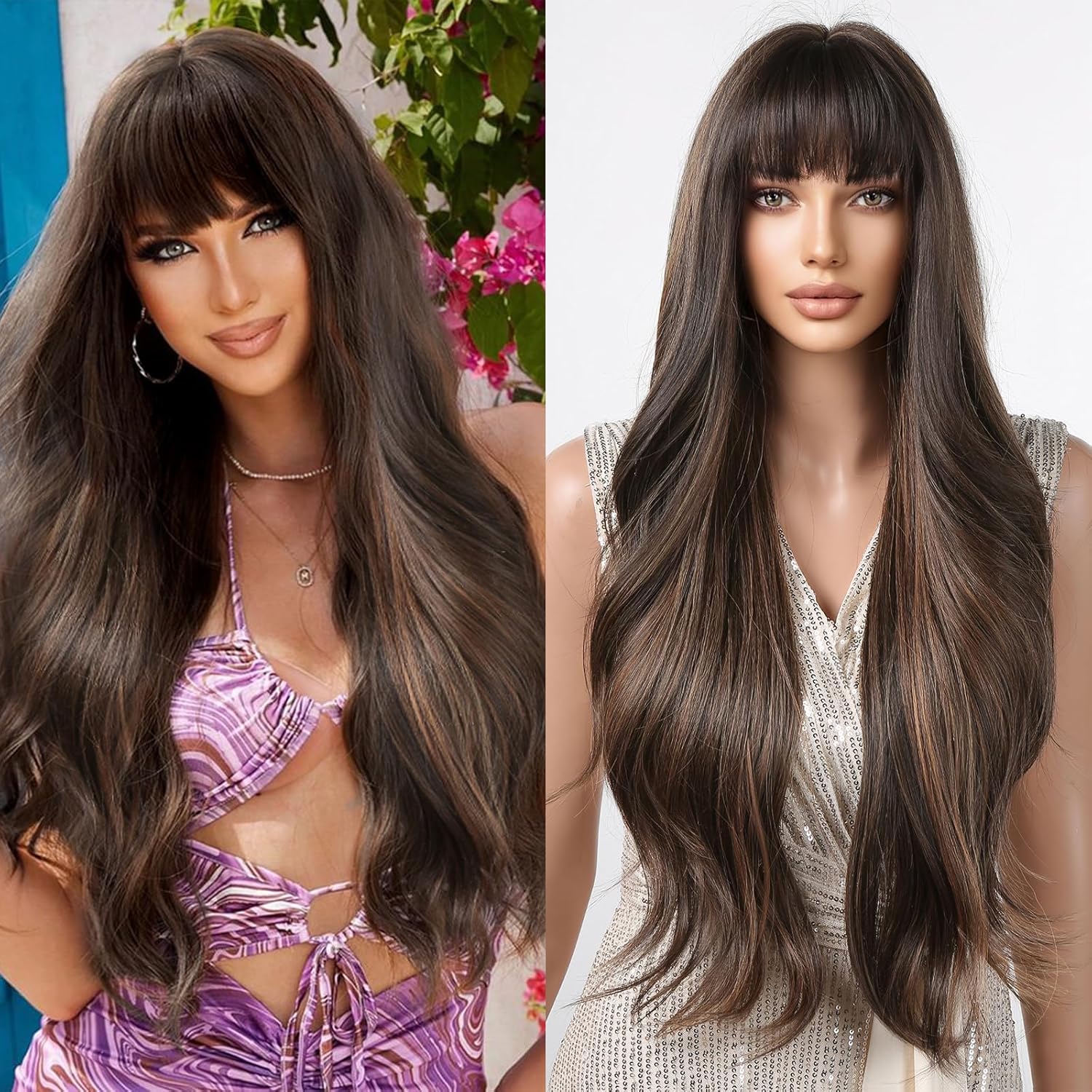 Allbell Pelucas de onda larga marrón para mujer, mezcla de cabello rubio ondulado, peluca natural, pelucas sintéticas con flequillo
