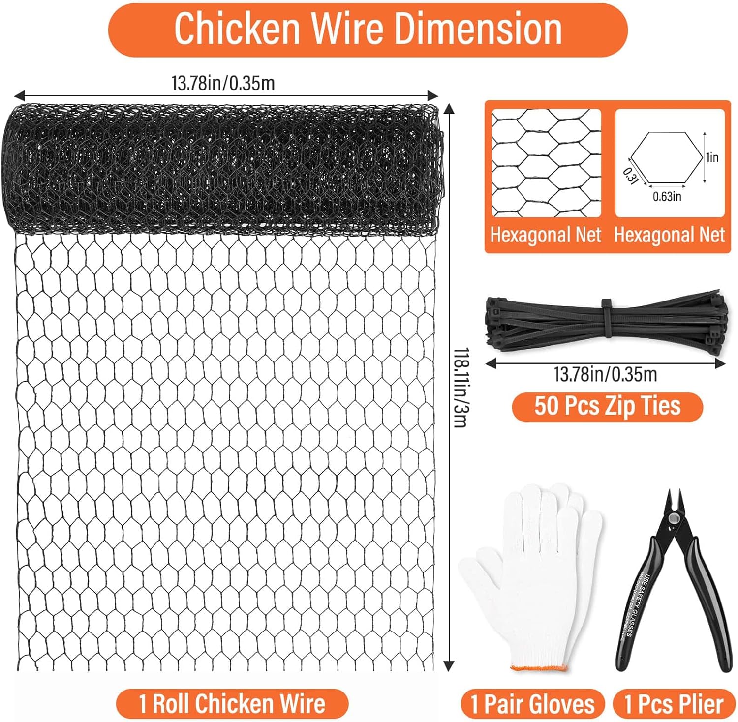 Cerca de alambre de pollo negro para arreglos florales, rollo de malla de alambre galvanizado hexagonal de 15.7 pulgadas x 9.8 pies para