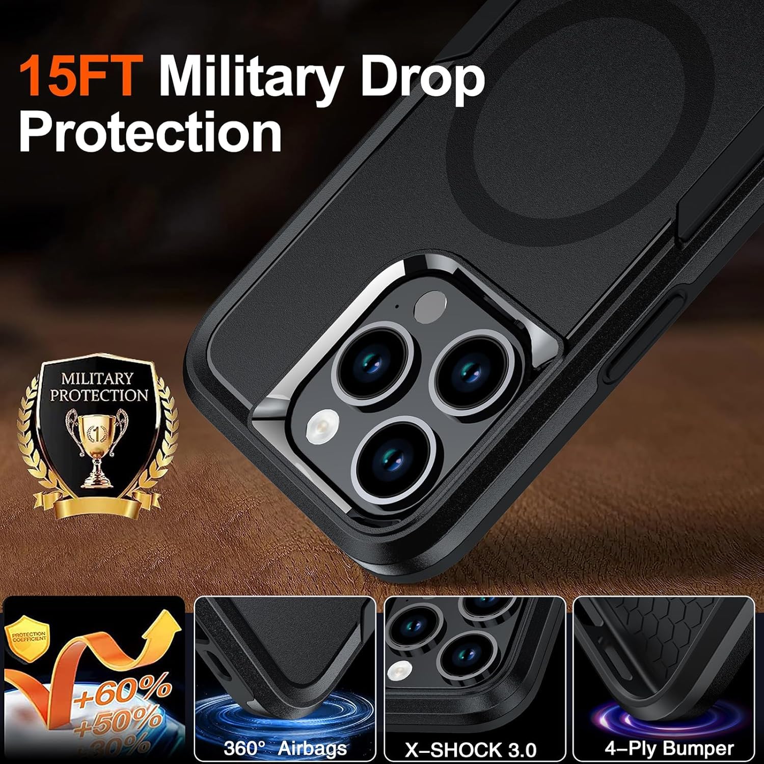 Funda diseñada para iPhone 15 Pro, 2 protectores de pantalla, compatible con MagSafe, protección militar de 15 pies, doble capa, resistente y
