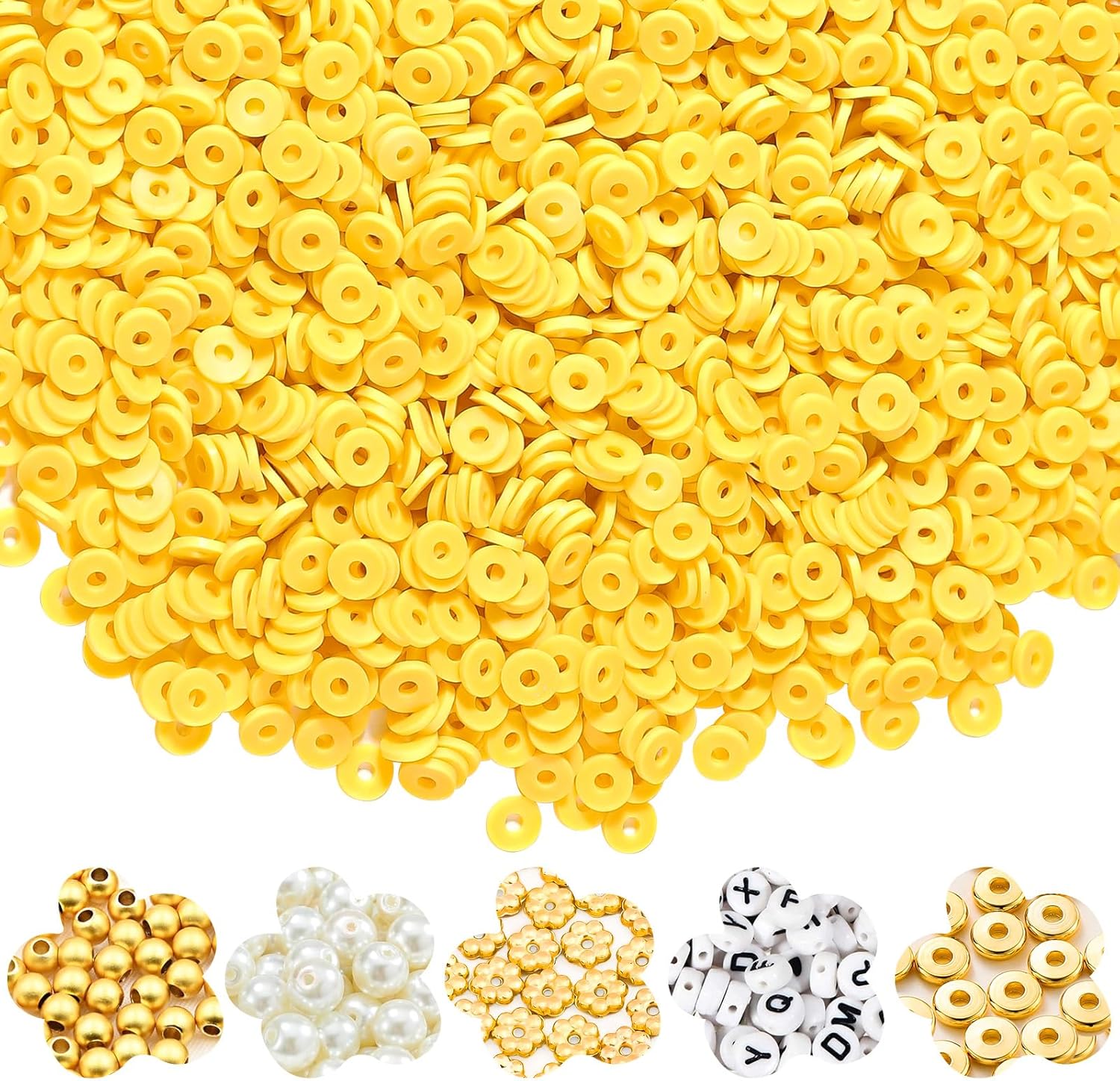 Kit de 4500 cuentas de arcilla amarilla para hacer pulseras, incluye cuentas Heishi de arcilla polimérica plana de 0.236 in y perlas doradas,
