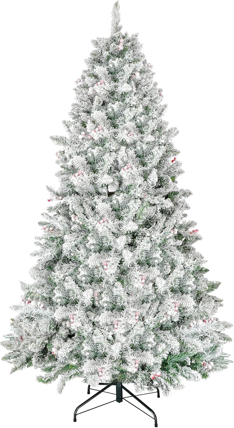 BROVIEW Árbol de Navidad flocado de 6.5 pies, árboles de Navidad artificiales predecorados con 1100 puntas de rama, 58 bayas, soporte plegable de