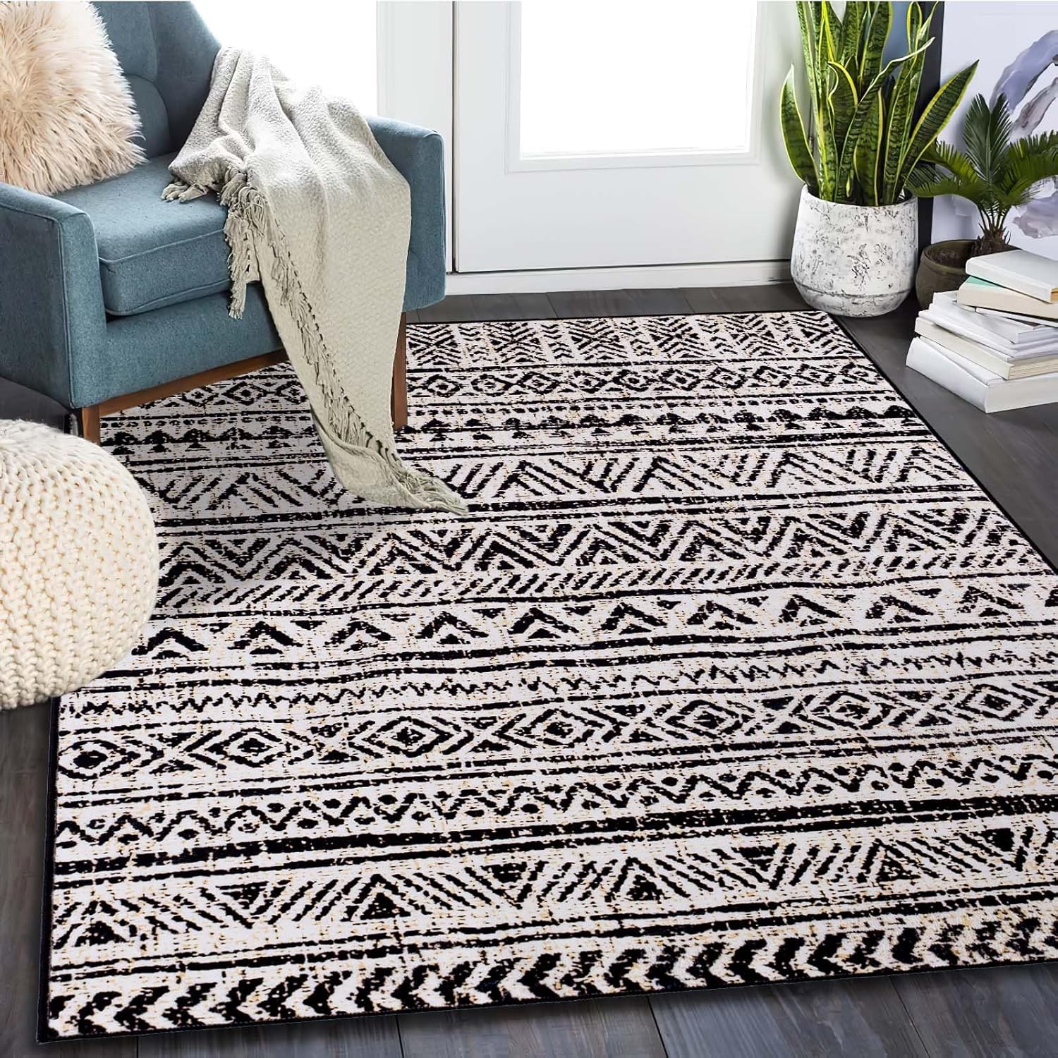 Alfombra marroquí de área grande de 5 x 7 pulgadas, antideslizante, lavable, alfombra de dormitorio de pelo bajo, alfombra envejecida de pelo bajo,