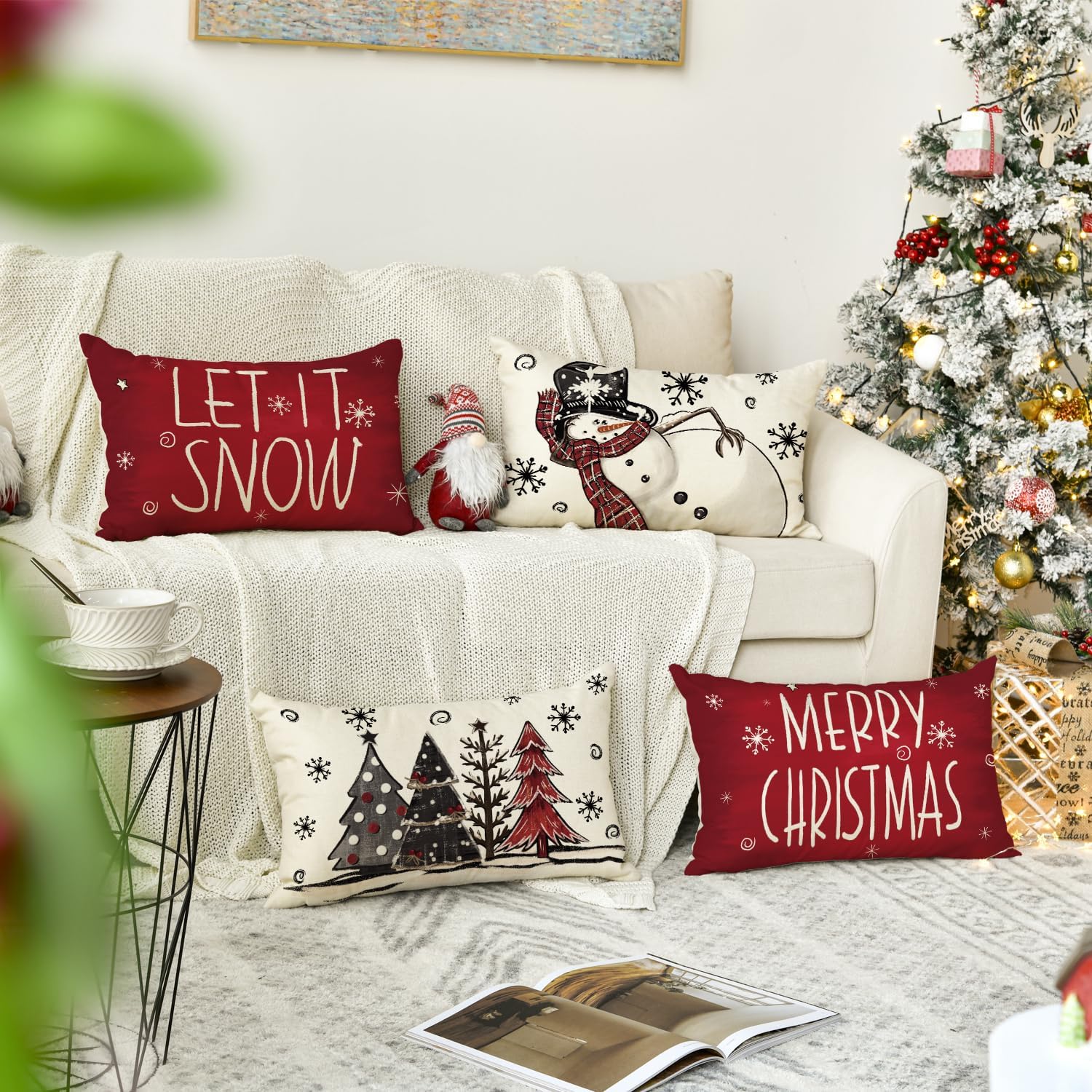 AVOIN colorlife Juego de 4 fundas de almohada con diseño de muñeco de nieve con texto en inglés Merry Christmas con diseño de muñeco de nieve Let It
