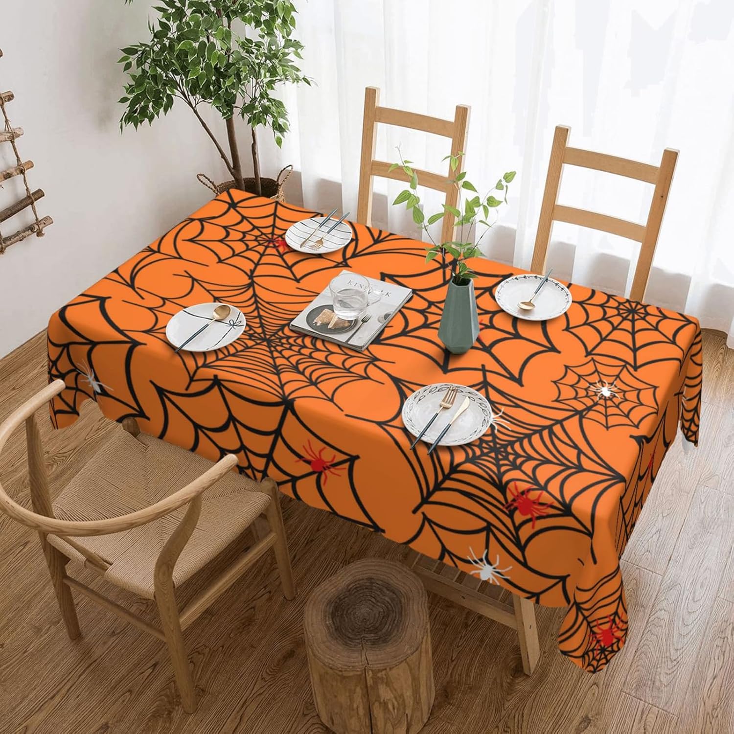 Rectangle Halloween Tablecloth 60 X 84 inch Spider Web Orange Table Cloth Waterproof Holiday Table Decorations for Party Home Kitchen Dining