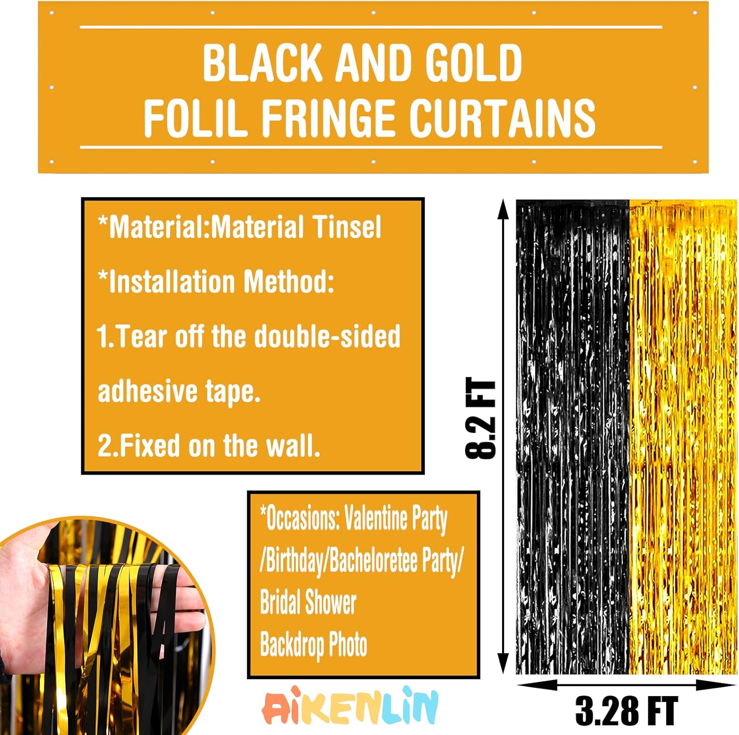 Paquete de 4 cortinas de flecos de papel de aluminio dorado negro de 3.2 pies x 8.2 pies, cortinas de oropel metálico con flecos para cabina de