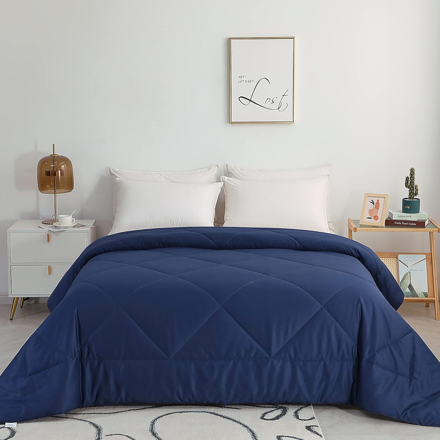 Edredón de cama sin comprimir de alta calidad 2024 para todas las estaciones, 100% algodón, reversible, ligero, suave, transpirable, esponjoso (azul