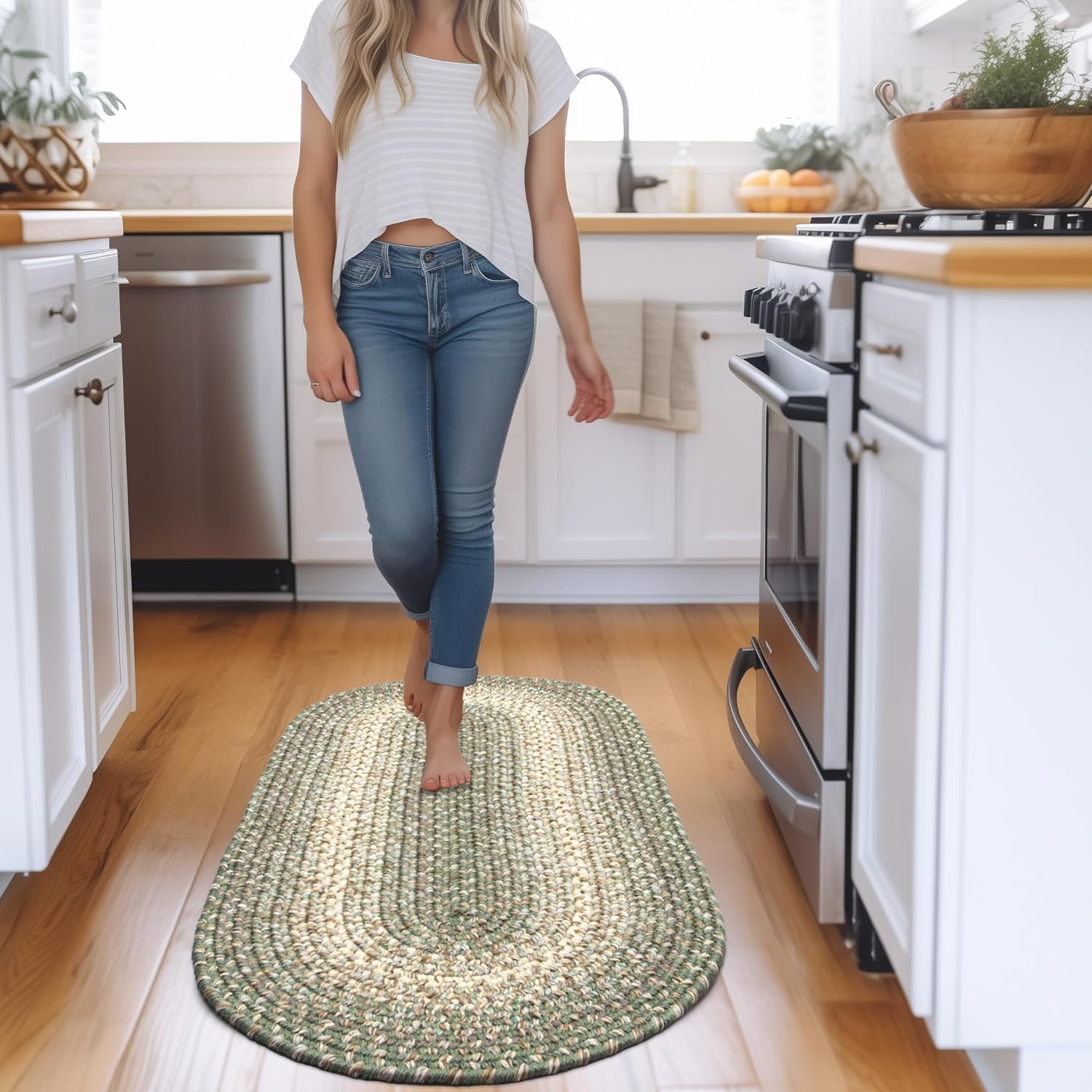 Super Area Rugs Braided Rugs Farmhouse – Alfombra trenzada Ridgewood para sala de estar, reversible, para interiores y exteriores, fabricada en