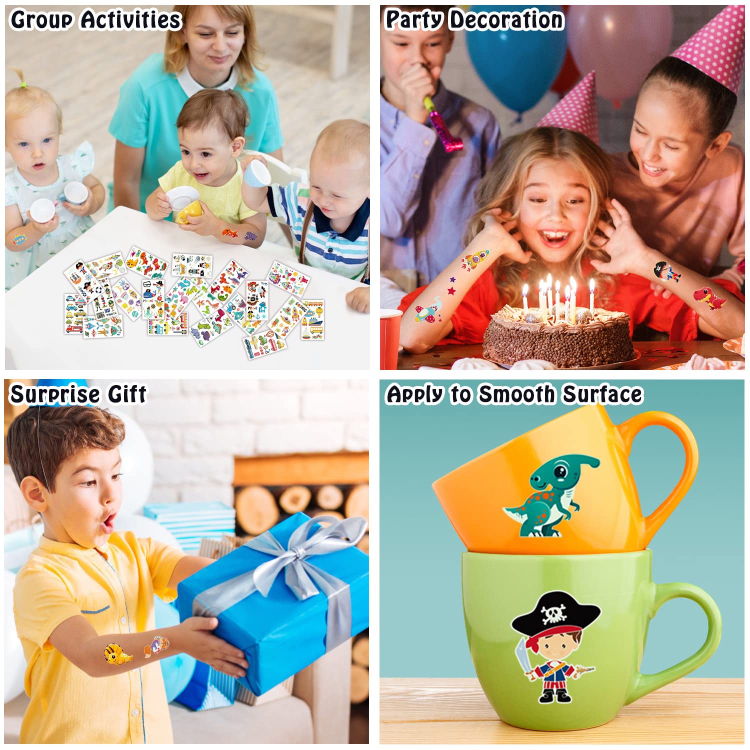 Partywind 20 hojas (230 estilos) tatuajes temporales luminosos para niños y niños, calcomanías de tatuaje impermeables brillantes con