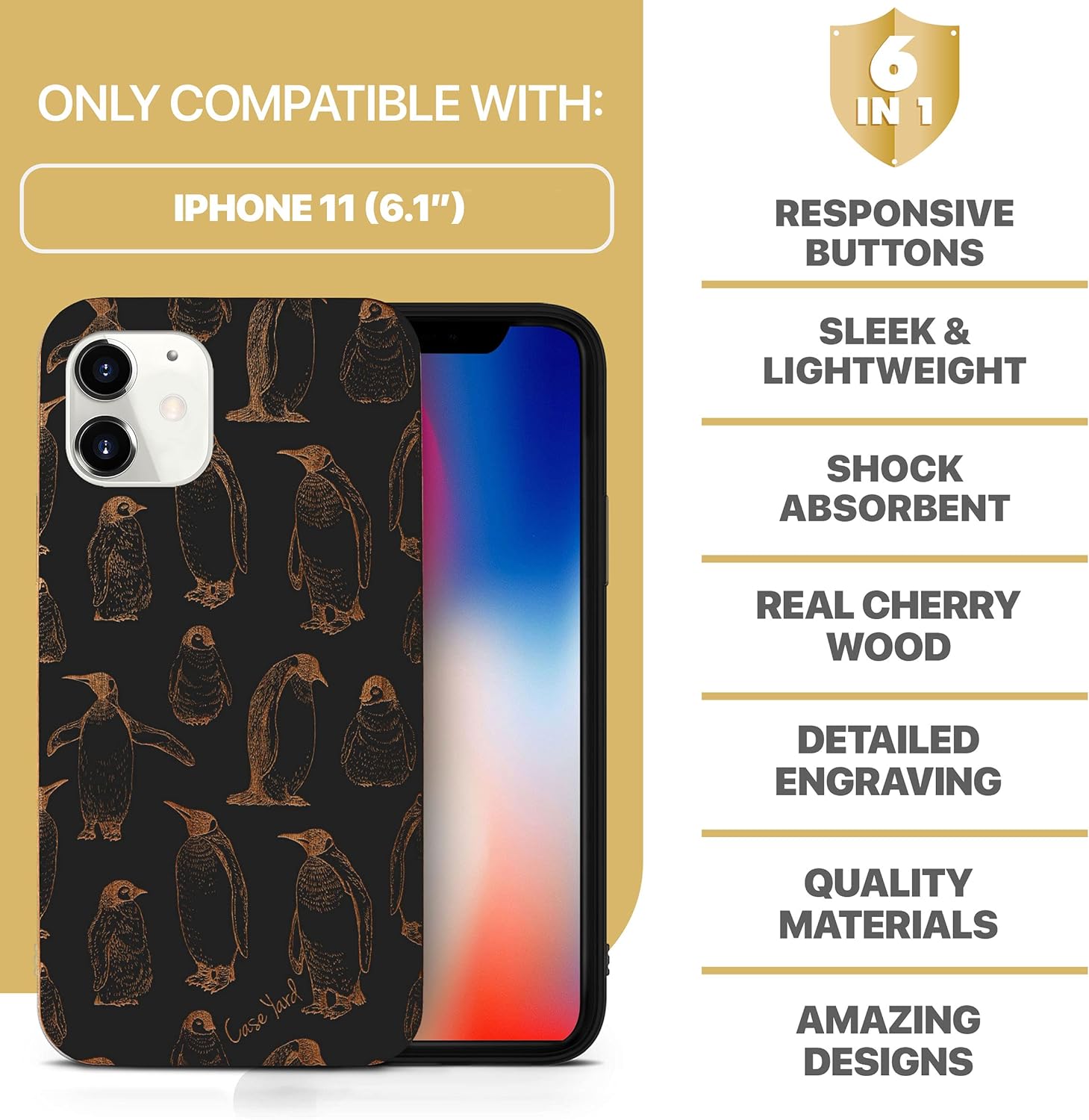 CaseYard Funda de madera para iPhone 11 con grabado láser, diseño de pingüino, compatible con madera negra, funda protectora a prueba de golpes,