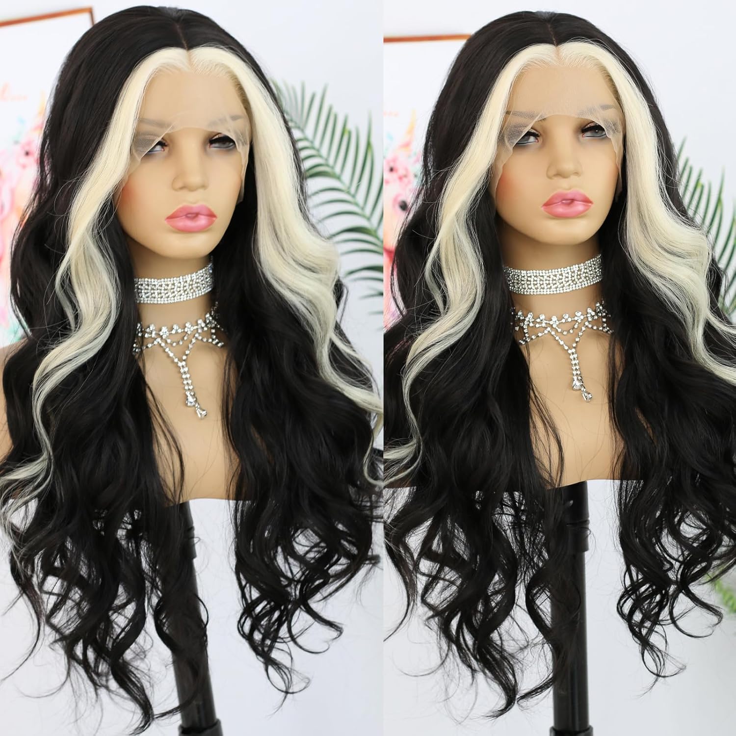 ANDRIA Peluca rubia con encaje frontal a rayas, color negro y rubio, peluca larga ondulada sin pegamento, peluca de encaje transparente, peluca de