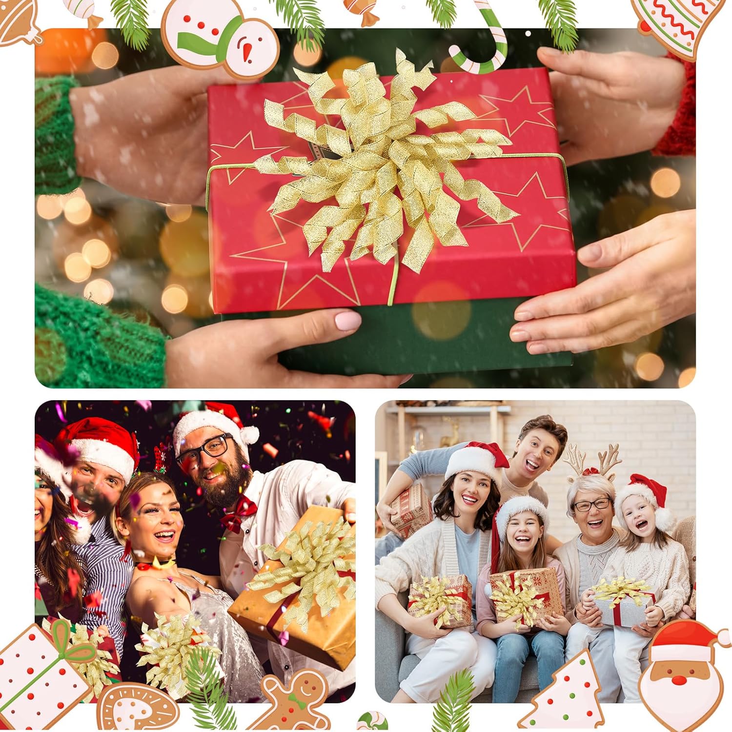 Xinnun 24 lazos para envoltura de regalos, lazo rizado de Navidad de 6 pulgadas, lazos de regalo autoadhesivos con purpurina para manualidades,