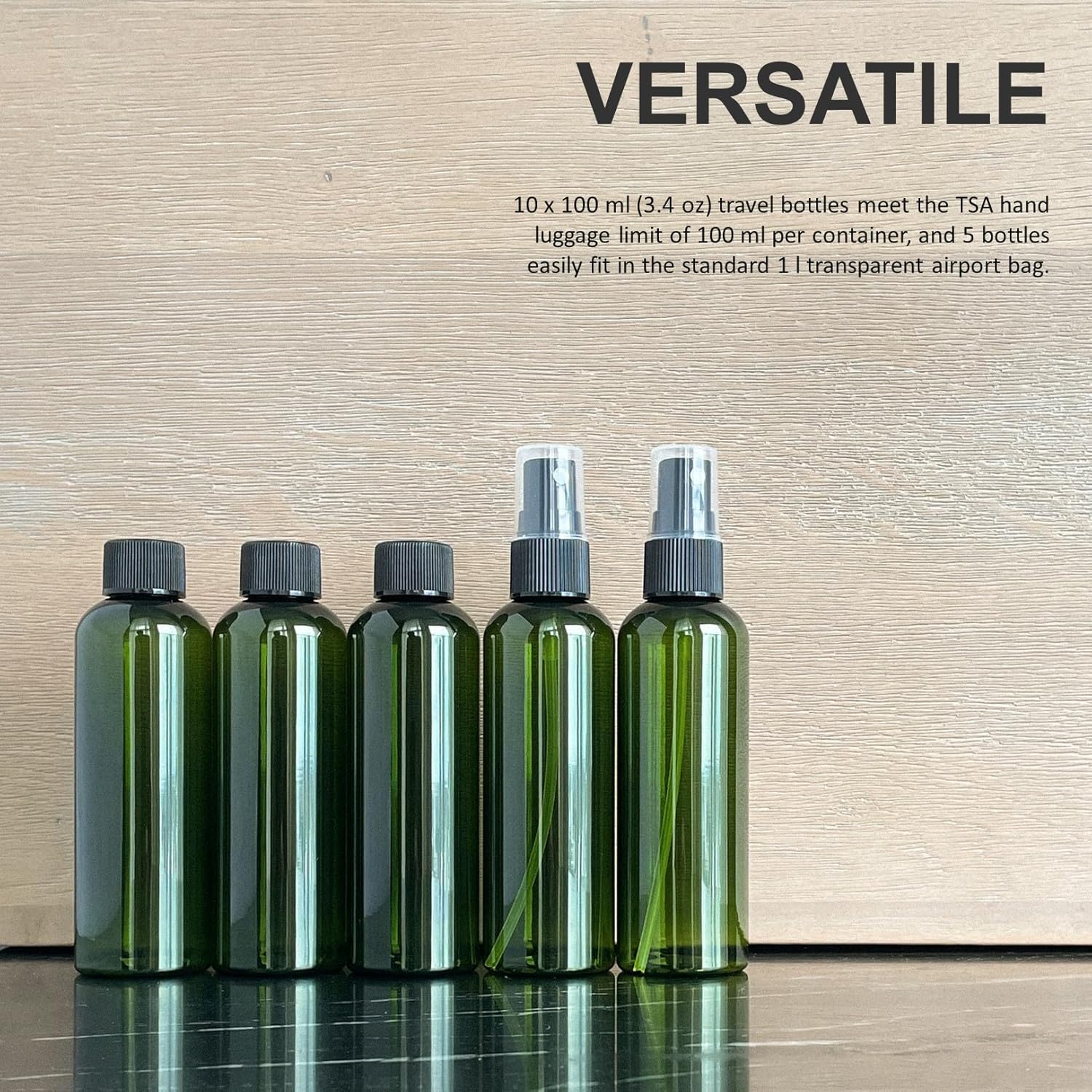 10 botellas de plástico reciclado de 3.4 fl oz con tapas de spray y roscas botellas de viaje vacías recargables de 3.4 fl oz para artículos de