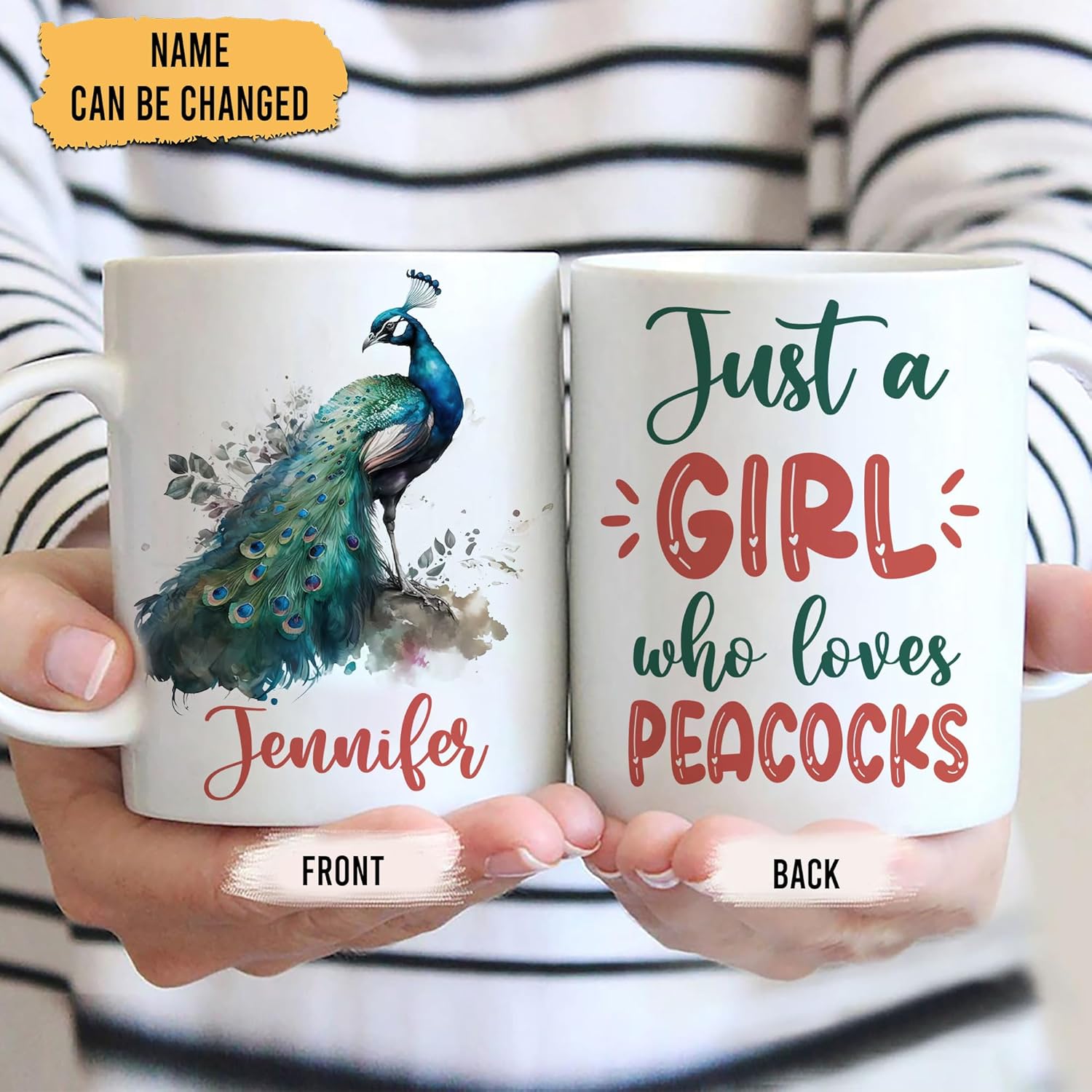 Hyturtle Regalos personalizados para amantes del pavo real  Just A Girl Who Loves Peacocks Taza de café de cerámica con nombre personalizado de 11